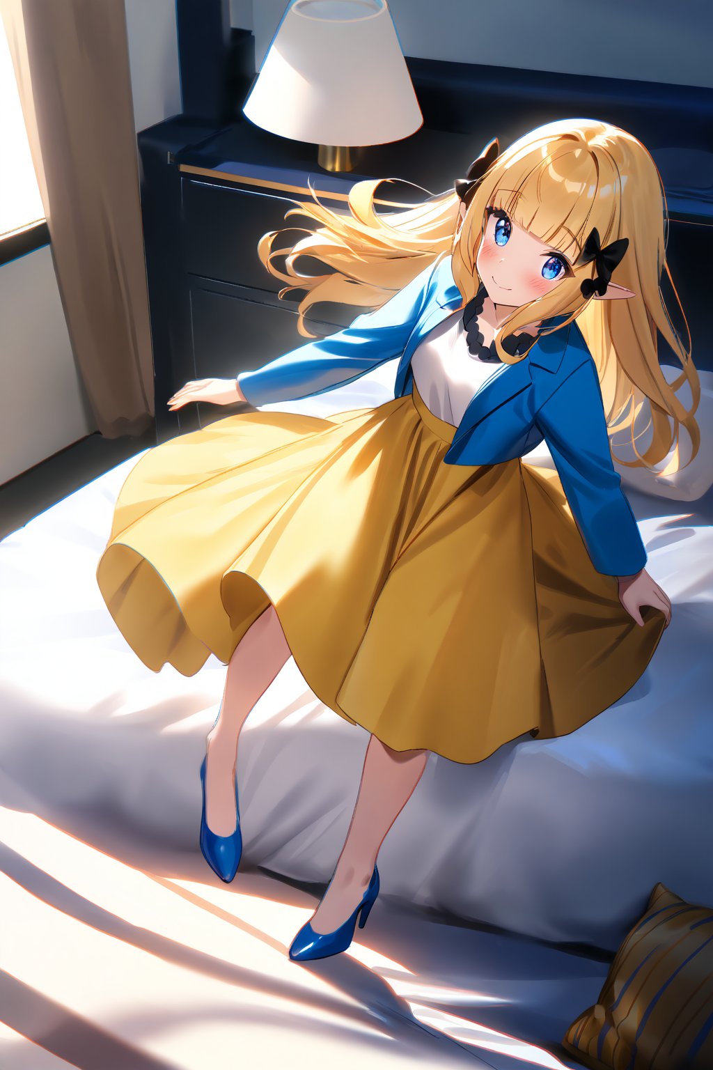 masterpiece, best quality,(1girl), solo,(depth of field),(solo focus),8K,HDR,(ultra high res),(highres),(full body),(lens flare),smiles,blush,(closed mouth),(sarenastrum),(blonde hair), (blue eyes), (long hair), (floating hair),(pointy ears), ((hair bows),(black bows)),(blunt bangs), (medium breasts),(blue jacket),(open jacket),(white shirt),(yellow skirt),(light purple footwear),(high heels),(indoors),(messy room),(messy room),(pillow),(lamp),(bed), (scenery), 