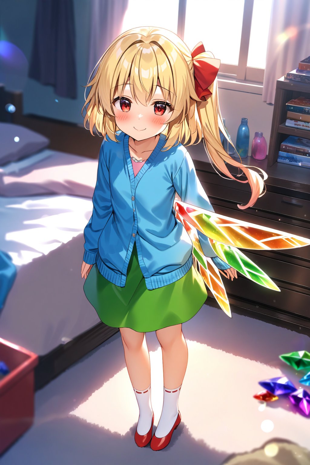 masterpiece, best quality,(1girl), solo,(depth of field),(solo focus),8K,HDR,(ultra high res),(highres),(full body),(lens flare),smiles,blush,(closed mouth),(touhou),(flandre scarlet),(blonde hair),(side ponytail),(medium hair),(red eyes),(crystal wings), (laevatein \(touhou\)),(blue cardigan),(open cardigan),(pink shirt),(green skirt),(white socks),(red footwear),(ballet flats),(indoors),(messy room),(shelf),(curtains),(carpet),(bed),(window),(holding phone),