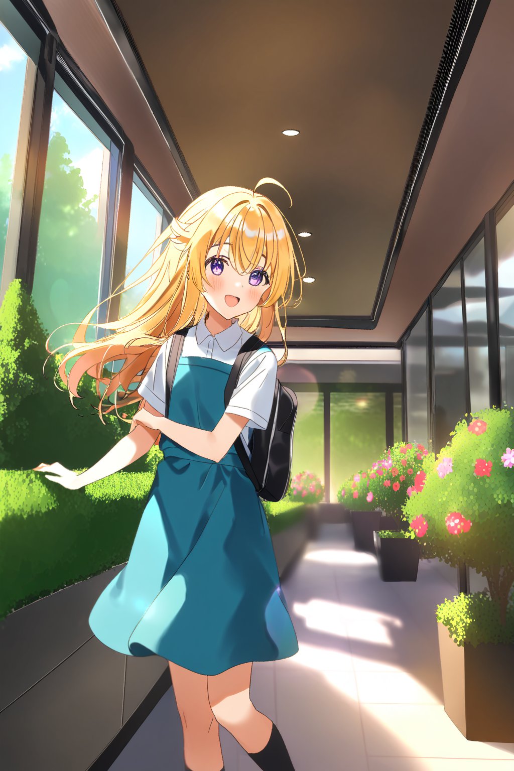 score_9, score_8_up, score_7_up, source_anime,masterpiece, best quality,(1girl), solo,(depth of field),(solo focus),8K,HDR,(ultra high res),(highres),(full body),(lens flare),smiles,blush,ctiank0shi,ahoge (blonde hair),bangs,(long hair),(purple eyes),(malaysian secondary school uniform),(schoollogo),(school's logo on right side (pinafore dress)),(aqua blue skirt),(blue pinafore),(collared shirt),(white shirt),(short sleeves),(black socks),(black footwear),(ballet flats),(holding school bag),(indoors),(shopping mall),bench, flower pot,bush, flag, tree pot, scenery, glass handrail, reflection, decorate ceiling, ceiling lighting,stainless