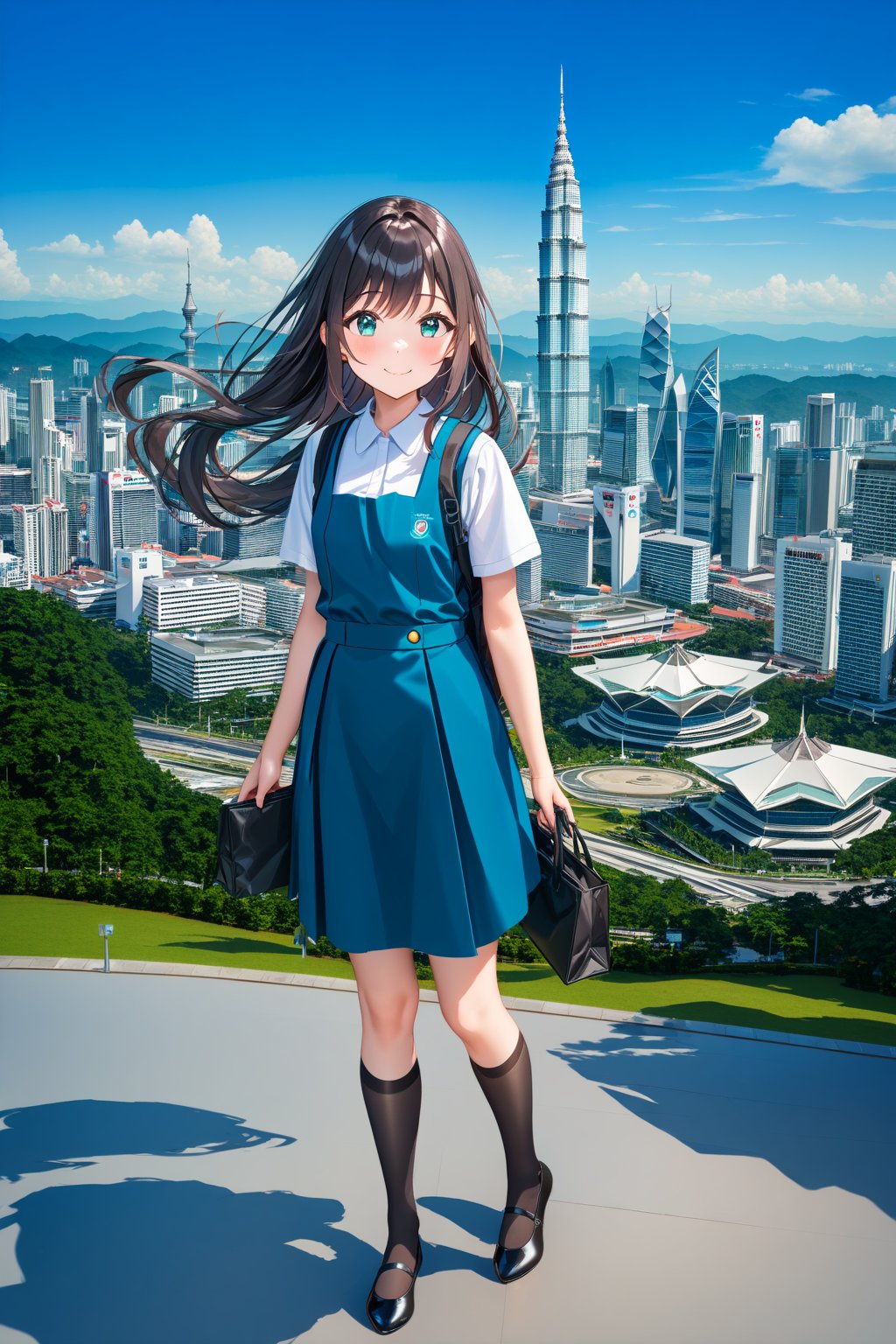 masterpiece, best quality,(1girl), solo,(depth of field),(solo focus),8K,HDR,(ultra high res),(highres),(full body),(lens flare),smiles,blush,(closed mouth),(black hair), (long hair),(aqua eyes),(floating hair), sidelocks,(malaysian secondary school uniform),(schoollogo),(school's logo on right side (pinafore dress)),(aqua blue skirt),(blue pinafore),(collared shirt),(white shirt),(short sleeves),(black socks),(black footwear),(ballet flats),(standing),(outdoors),(cityspace),(holding bag),(lamppost),urban,(petronas twins tower),(Longhouse) ,(national airport tower),KLCC,(Kuala Lumpur countryside),(Kuala Lumper Tower),Malaysia,(blue sky),