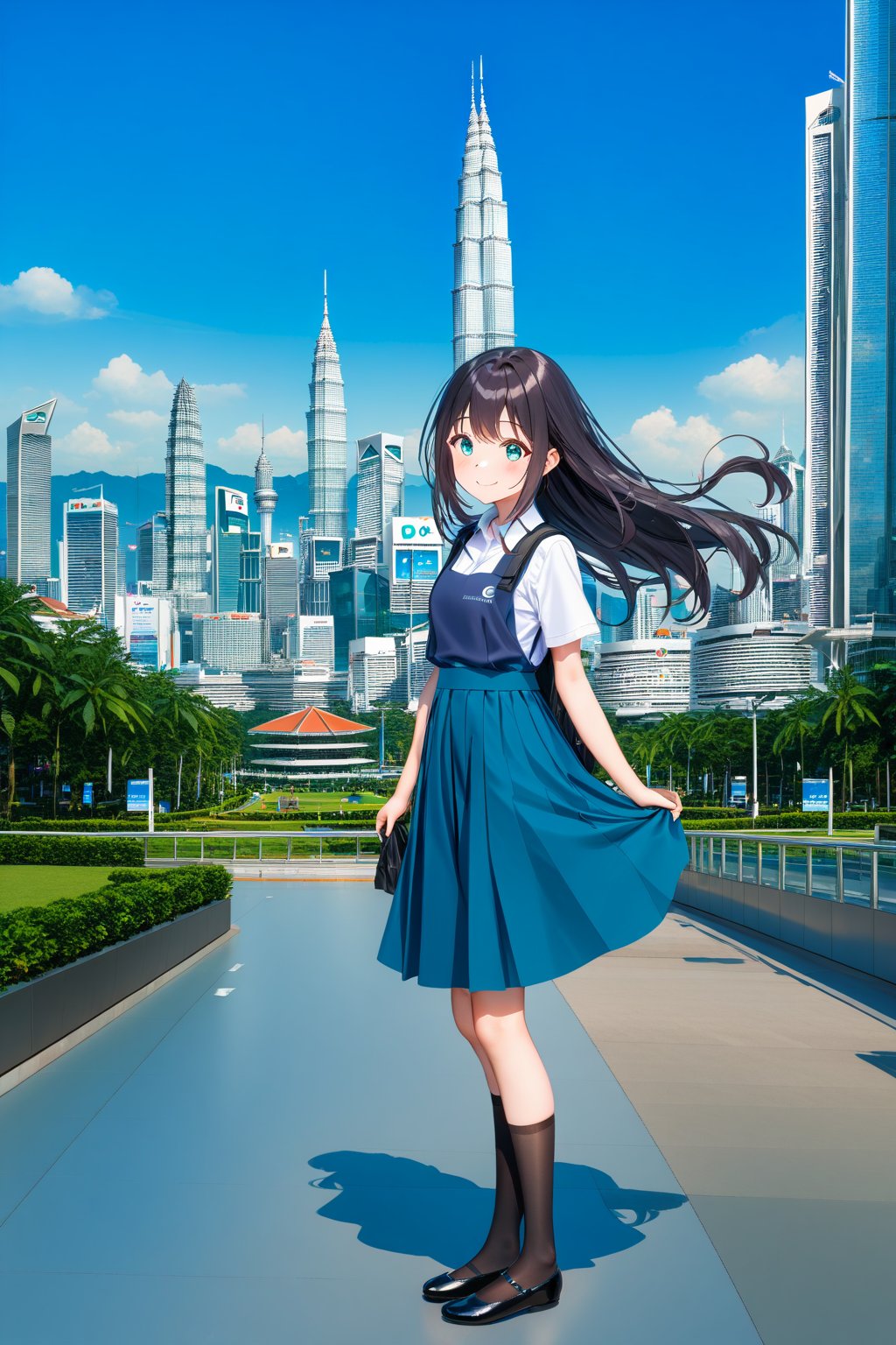 masterpiece, best quality,(1girl), solo,(depth of field),(solo focus),8K,HDR,(ultra high res),(highres),(full body),(lens flare),smiles,blush,(closed mouth),(black hair), (long hair),(aqua eyes),(floating hair), sidelocks,(malaysian secondary school uniform),(schoollogo),(school's logo on right side (pinafore dress)),(aqua blue skirt),(blue pinafore),(collared shirt),(white shirt),(short sleeves),(black socks),(black footwear),(ballet flats),(standing),(outdoors),(cityspace),(holding bag),(lamppost),urban,(petronas twin tower),(Longhouse) ,(national airport tower),KLCC,(Kuala Lumpur countryside),(Kuala Lumper Tower),Malaysia,(blue sky),