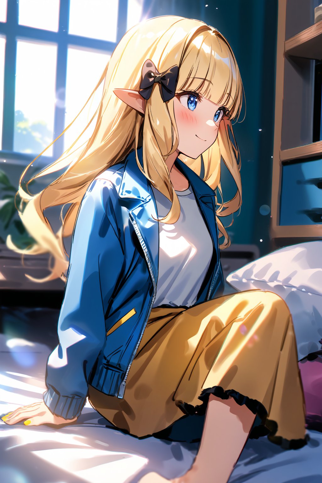 masterpiece, best quality,(1girl), solo,(depth of field),(solo focus),8K,HDR,(ultra high res),(highres),(full body),(lens flare),smiles,blush,(closed mouth),(sarenastrum),(blonde hair), (blue eyes), (long hair), (floating hair),(pointy ears), ((hair bows),(black bows)),(blunt bangs), (medium breasts),(blue jacket),(open jacket),(white shirt),(yellow skirt),(barefoot),(toenail polish),(yellow nails),(indoors),(messy room),(messy room),(pillow),(lamp),(bed), (scenery), 