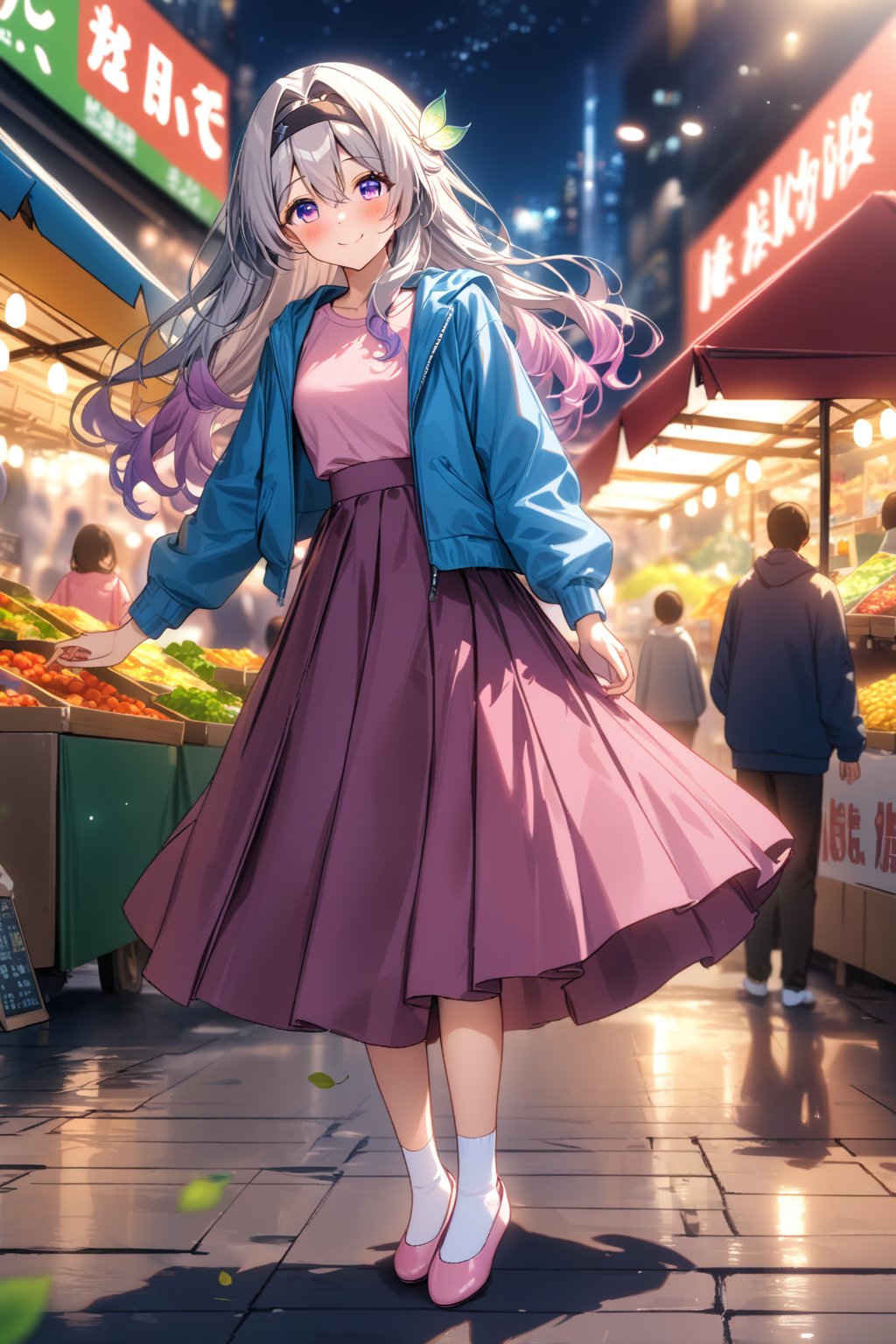 masterpiece, best quality,(1girl), solo,(depth of field),(solo focus),8K,HDR,(ultra high res),(highres),(Exquisite visuals),(narrow waist),(full body),(lens flare),smiles,blush,(nice hands), (perfect hands),((absurdres)),Firefly,(parted bangs),(purple eyes),(grey hair),(gradient hair),(hair intakes),(long hair),(black hairband),(leaf hair ornament),(black ribbon),(hair between eyes),(blue jacket),(pink shirt),(purple skirt),(white socks),(pink footwear),(flats),(digital watch),(outdoors),(cityspace),(market stall),(human road),street,night,