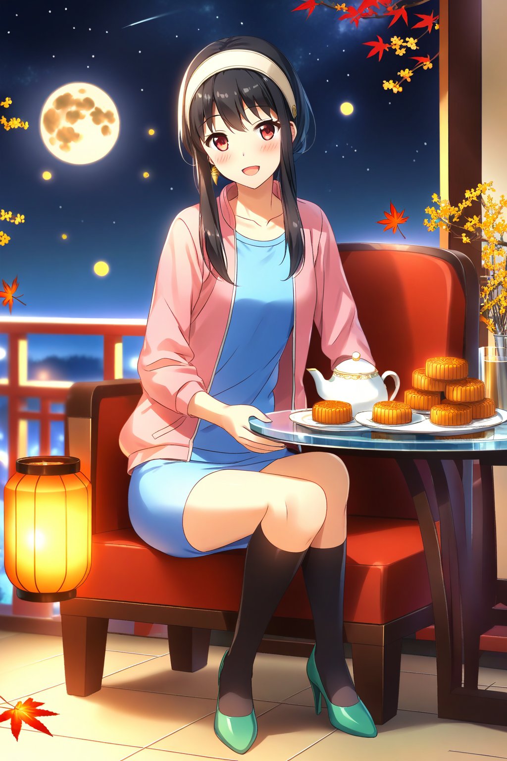 masterpiece, best quality,(1girl), solo,(depth of field),(solo focus),8K,HDR,(ultra high res),(highres),(full body),(full body),(lens flare),smiles,blush,(nice hands),(bbyorf),(black hair),(short hair with long locks),(long hair),(red eyes),sidelocks,breasts,(gold earrings),(jewelry),(white hairband),(pink jacket),(open jacket),(blue shirt),(collarbone),(blue skirt),(black legwear),(green footwear),(high heels),(mid-autumn festival),(sky lantern),(sitting),(on chair),(armchair),(balcony),(((brown mooncake),food)on plate),(holding lantern),(maple leaf),(teacup),(teapot),(sanbou),(tsukimi dango),((glass table),(round table)),(gold osmanthus),(yellow flower),(night sky),(star \(sky\)),(full moon),(culture),china,(tile floor),