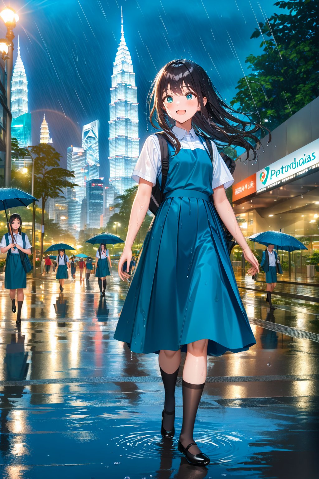 masterpiece, best quality,(1girl), solo,(depth of field),(solo focus),8K,HDR,(ultra high res),(highres),(full body),(perfect lighting),(lens flare),smiles,blush,(black hair), (long hair),(aqua eyes),(floating hair), sidelocks,(malaysian secondary school uniform),(schoollogo),(school's logo on right side (pinafore dress)),(aqua blue skirt),(blue pinafore),(collared shirt),(white shirt),(short sleeves),(black socks),(black footwear),(ballet flats),(walking),(outdoors),(flood),(water),(rainstorm),(rain),(water drop),(cityspace),(holding umbrella),(wet),(lamppost),urban,(wet floor),(petronas twins tower),(Kuala Lumper Tower),Malaysia,