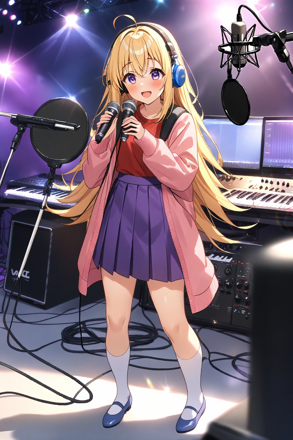 masterpiece, best quality,(1girl), solo,(depth of field),(solo focus),8K,HDR,(ultra high res),(highres),(full body),(lens flare),smiles,blush,ctiank0shi,ahoge (blonde hair),bangs,(long hair),(purple eyes),(pink cardigan),(open cardigan),(red shirt),(long sleeves),(purple skirt),(white socks),(blue footwear),(flats),(indoors),(amplifier),(cable),(computer keyboard),(pop filter),(contemporary),(music stand),(headphones),(instrument),(music),(microphone stand),(singing),(speaker),(stage lights),(studio),(studio microphone )