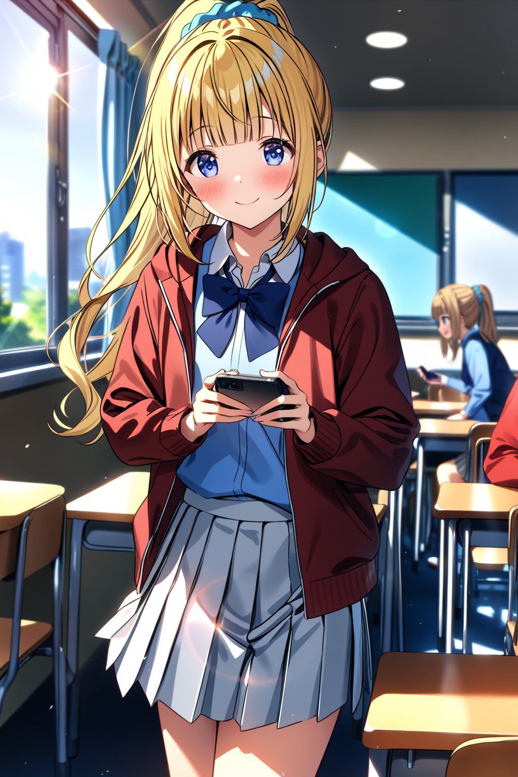 masterpiece, best quality,(1girl), solo,(depth of field),(solo focus),8K,HDR,(ultra high res),(highres),(full body),(lens flare),smiles,blush,(kei karuizawa),(blunt bangs),(blonde hair),(long hair),(ponytail),(blue eyes),(blue scrunchie),(hair scrunchie),(hair ornament),(advanced nurturing high school uniform),(red jacket),(open jacket),(blue shirt),(collared shirt),(blue bowtie),(white skirt),(pleated skirt),(black socks),(white footwear),(uwabaki),standing,indoors,classroom,(holding phone),(smartphone),(table),(chair),(curtain),(window), 