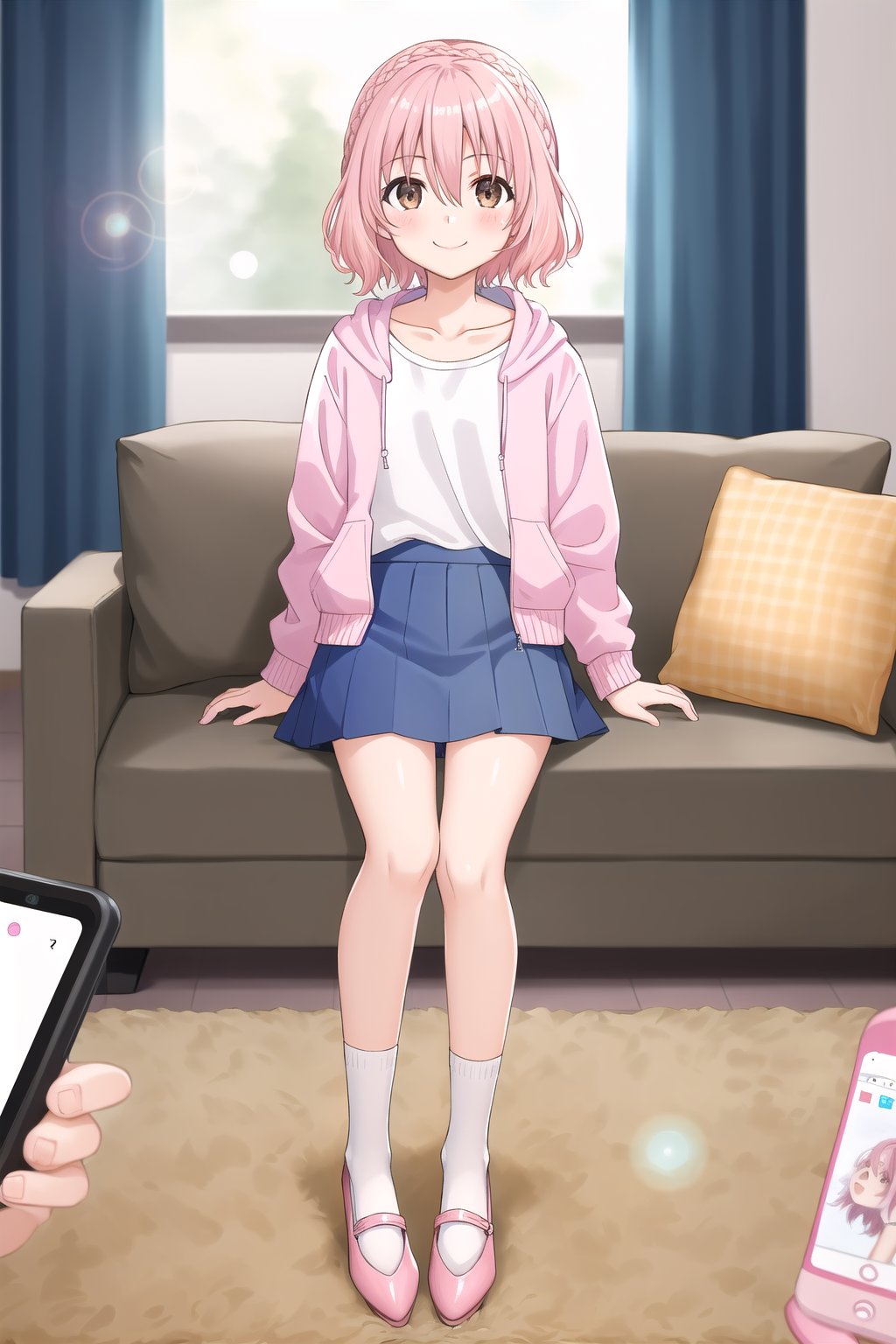 masterpiece, best quality,(1girl), solo,(depth of field),(solo focus),8K,HDR,(ultra high res),(highres),(full body),(lens flare),smiles,blush,(closed mouth),(sonogami rinne),bangs,(medium hair), (pink hair), (braid),(light brown eyes), (hair between eyes),(aqua jacket), (open jacket),(long sleeves),(white shirt),(blue skirt),(collarbone),(white socks),(pink footwear),(flats),indoors,(holding phone),(smartphone),(modern room),carpet,curtain,(living room),couch,night