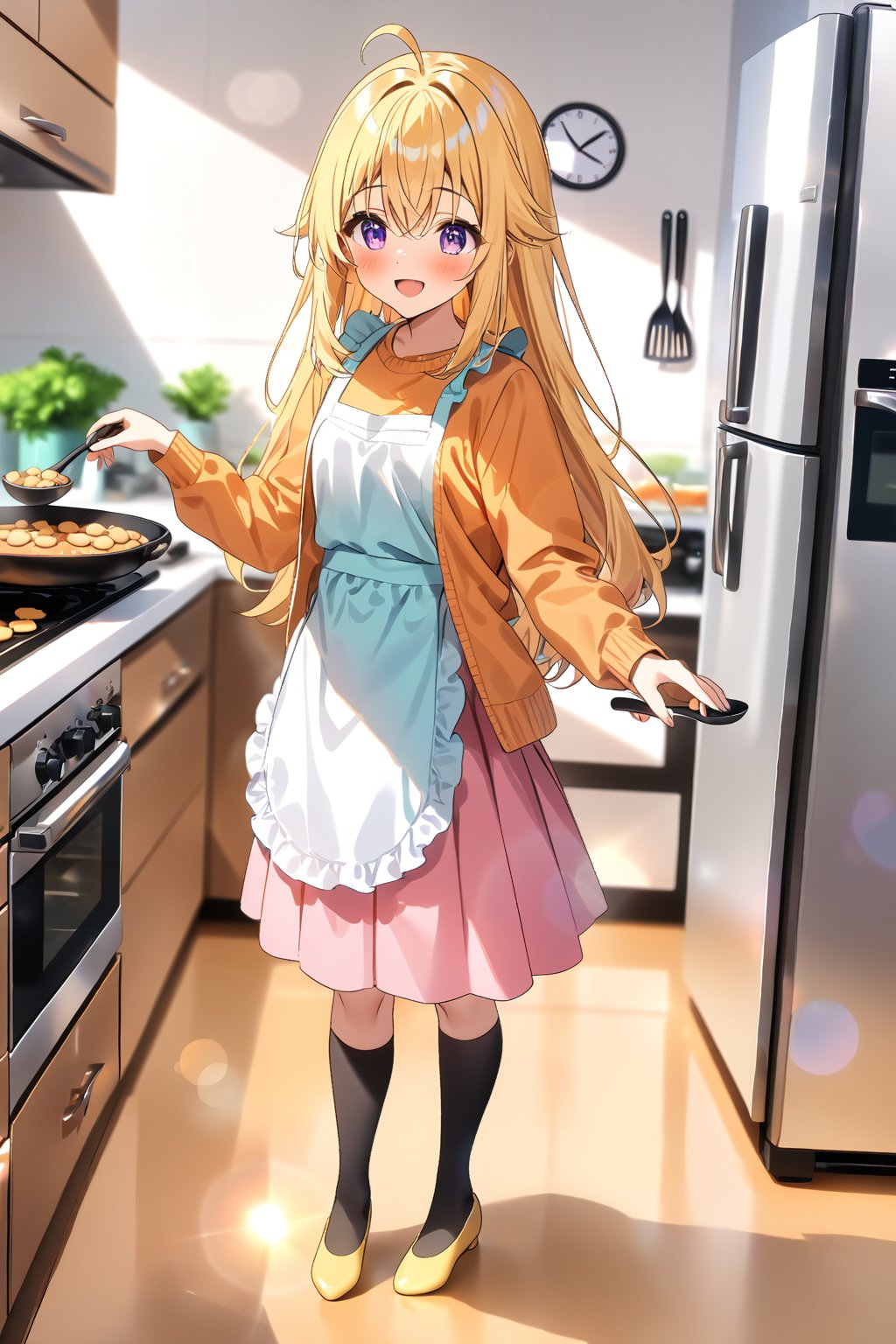 masterpiece, best quality,(1girl), solo,(depth of field),(solo focus),8K,HDR,(ultra high res),(highres),(full body),(lens flare),smiles,blush,ctiank0shi,ahoge (blonde hair),bangs,(long hair),(purple eyes),(aqua cardigan),(open cardigan),(orange shirt),(long sleeves),(pink skirt),(black socks),(yellow footwear),(ballet flats),(indoors),(cutting board),(white apron),(modern kitchen),(holding ladle),(cooking),((deer cracker),food),(frying pan),plate,(wall clock), microwave, refrigerator,stove,