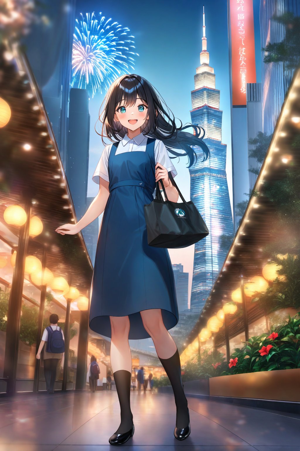 masterpiece, best quality,(1girl), solo,(depth of field),(solo focus),8K,HDR,(ultra high res),(highres),(full body),(lens flare),smiles,blush,(black hair), (long hair),(aqua eyes),(floating hair), sidelocks,(malaysian secondary school uniform),(schoollogo),(school's logo on right side (pinafore dress)),(aqua blue skirt),(blue pinafore),(collared shirt),(white shirt),(short sleeves),(black socks),(black footwear),(ballet flats),(standing),(outdoors),(cityspace),(holding bag),(lamppost),(building),urban,(petronas twin tower),(Longhouse),(national airport tower),KLCC,(Kuala Lumpur countryside),(Kuala Lumper Tower),Malaysia,(blue sky),landmarks,night,firework,(Hibiscus rosa-sinensis),flower,