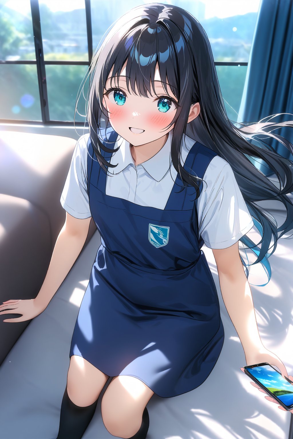 masterpiece, best quality,(1girl), solo,(depth of field),(solo focus),8K,HDR,(ultra high res),(highres),(full body),(lens flare),smiles,blush,(black hair), (long hair),(aqua eyes),(floating hair), sidelocks,(malaysian secondary school uniform),(schoollogo),(school's logo on right side (pinafore dress)),(aqua blue skirt),(blue pinafore),(collared shirt),(white shirt),(short sleeves),(black socks),(black footwear),(ballet flats),(sitting on couch),(indoors),(holding the smartphone),(living room),curtains,window, carpet,shelf,