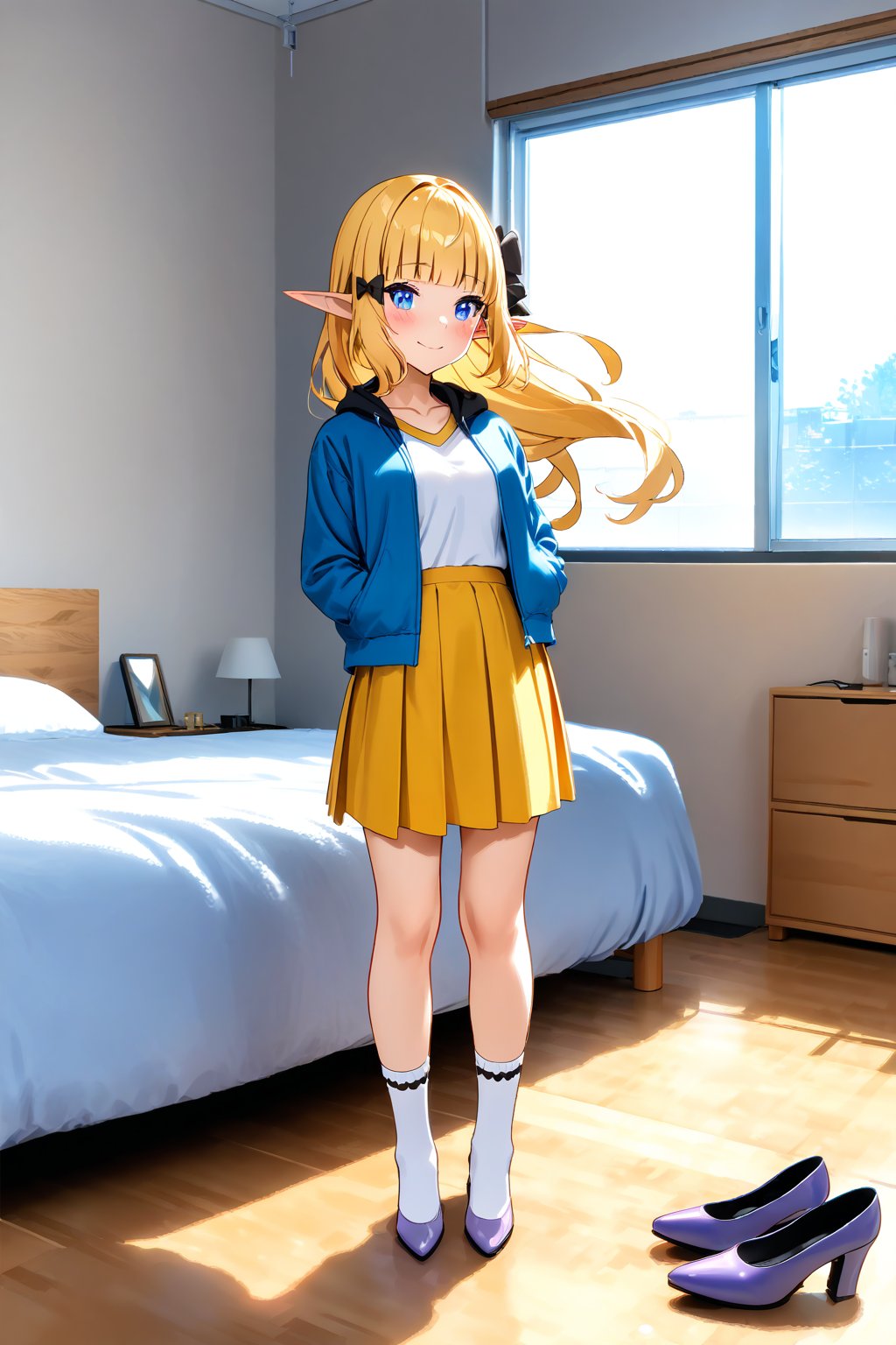 masterpiece, best quality,(1girl), solo,(depth of field),(solo focus),8K,HDR,(ultra high res),(highres),(full body),(lens flare),smiles,blush,(closed mouth),(sarenastrum),(blonde hair), (blue eyes), (long hair), (floating hair),(pointy ears),(elf), ((2 hair bows),(black bows)),(blunt bangs), (medium breasts),(blue jacket),(open jacket),(white shirt),(yellow skirt),(white socks),(light purple footwear),(high heels),(indoors),(messy room),(shinshitsu),(pillow),(lamp),(bed), (scenery), 