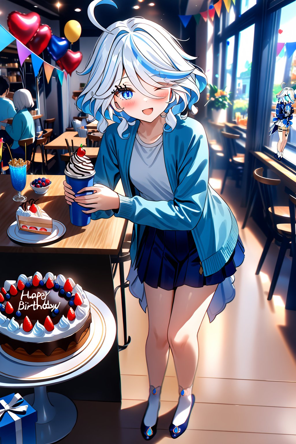 masterpiece, best quality,(1girl), solo,(depth of field),(solo focus),8K,HDR,(ultra high res),(highres),(full body),(lens flare),smiles,blush,(furina \(genshin impact\)), ((light blue hair), (white hair),(multicolored hair), (streaked hair)),(blue eyes),(short hair),(ahoge),(hair between eyes),(hair over one eye),cowlick,(aqua cardigan),(open cardigan),(white shirt),(blue skirt),(white socks),(blue footwear),(ballet flats),(indoors),(cafe),(birthday),(birthday party),(heart balloon),((birthday cake) on table),(string of flags),((gift box),(holding gift)),(happy birthday),((food) on table,fruit,(drink)),(ice cream cup),standing,