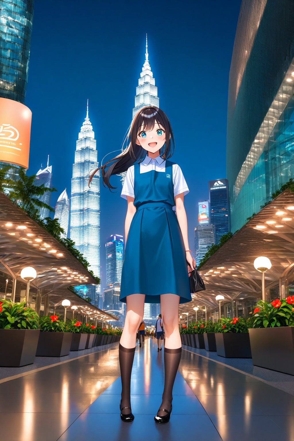 masterpiece, best quality,(1girl), solo,(depth of field),(solo focus),8K,HDR,(ultra high res),(highres),(full body),(lens flare),smiles,blush,(black hair), (long hair),(aqua eyes),(floating hair), sidelocks,(malaysian secondary school uniform),(schoollogo),(school's logo on right side (pinafore dress)),(aqua blue skirt),(blue pinafore),(collared shirt),(white shirt),(short sleeves),(black socks),(black footwear),(ballet flats),(standing),(outdoors),(cityspace),(holding bag),(lamppost),(building),urban,(petronas twin tower),(Longhouse),(national airport tower),KLCC,(Kuala Lumpur countryside),(Kuala Lumper Tower),Malaysia,(blue sky),landmarks,night,firework,(Hibiscus rosa-sinensis),flower,