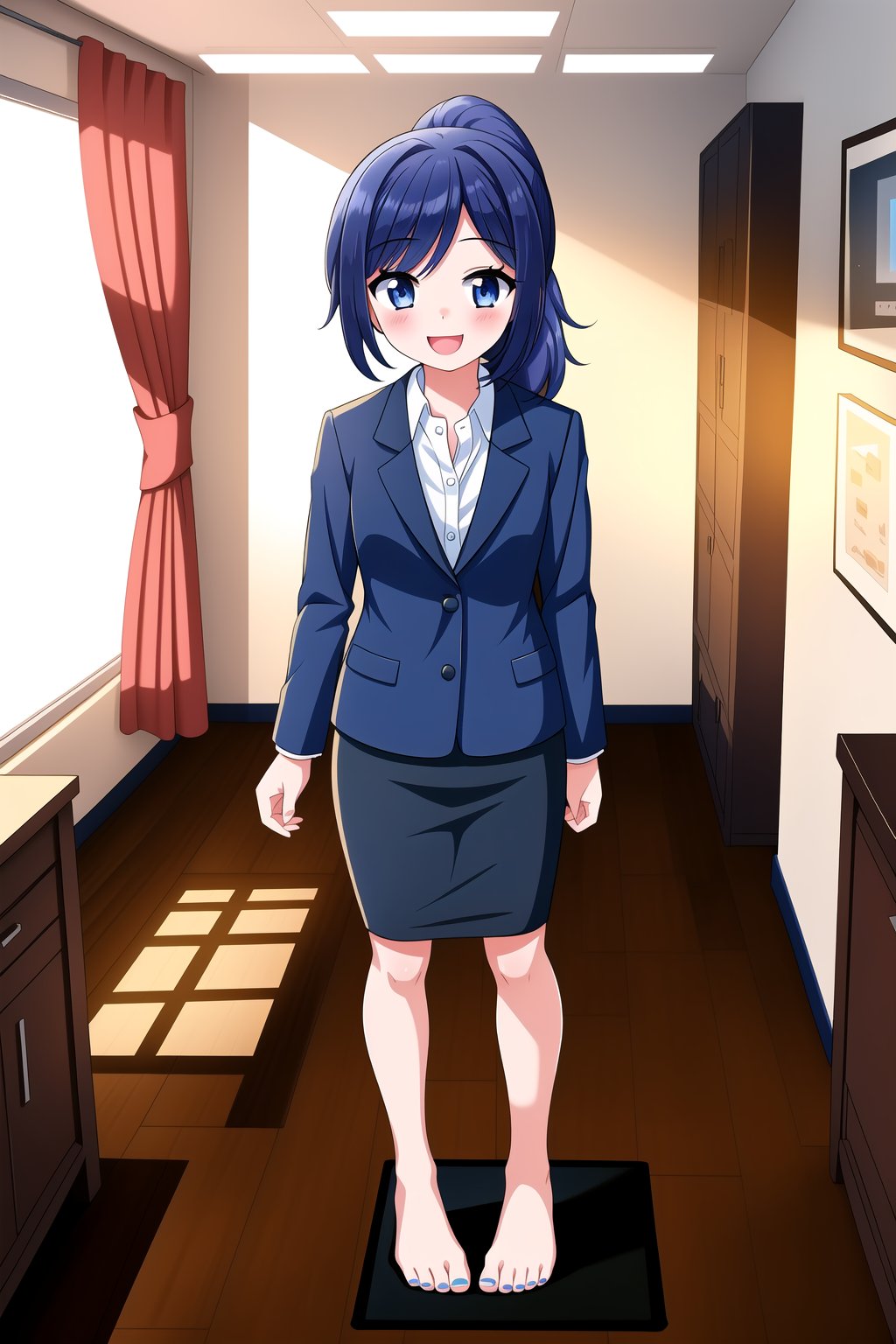 masterpiece, best quality,(1girl), solo,(depth of field),(solo focus),8K,HDR,(ultra high res),(highres),(full body),(lens flare),smiles,blush, asakav1, asaka,(dark blue hair),(dark blue eyes),(parted bangs),(ponytail),(office lady),(navy blue jacket),(white shirt),(collared shirt),(navy blue skirt),(pencil skirt),(barefoot),(toenail polish),(standing),(office chair),(indoors),(office),table, carpet,curtain,shelf,laptop