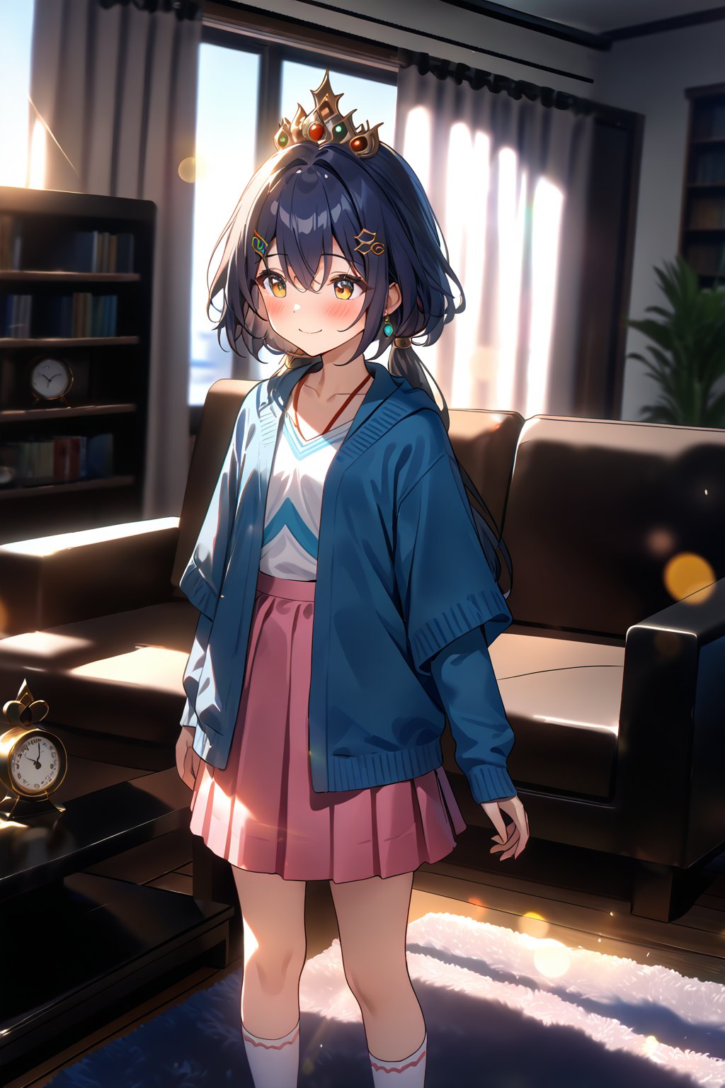 masterpiece, best quality,(1girl), solo,(depth of field),(solo focus),8K,HDR,(ultra high res),(highres),(full body),(perfect lighting),(lens flare),smiles,blush,(closed mouth),(yunli),(dark blue hair),(short hair with long locks),(low twintails),(yellow eyes),(hair between eyes),(single earrings),(crown),(hairclip),(headpiece),(hair ornament),(low ponytail),(double ponytail),(blue cardigan),(open cardigan),(white shirt),(collarbone),(pink skirt),(white socks),(no shoes),(indoor),(living room),clock,(standing),(couch),curtains,carpet,bookshelf,(modern room),(tile floor), 