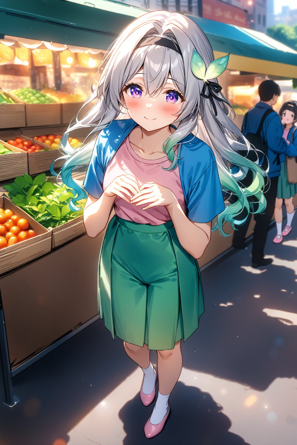 masterpiece, best quality,(1girl), solo,(depth of field),(solo focus),8K,HDR,(ultra high res),(highres),(Exquisite visuals),(narrow waist),(full body),(lens flare),smiles,blush,(nice hands), (perfect hands),((absurdres)),Firefly,(parted bangs),(purple eyes),(grey hair),(gradient hair),(hair intakes),(long hair),(black hairband),(leaf hair ornament),(black ribbon),(hair between eyes),(blue jacket),(pink shirt),(aqua skirt),(white socks),(pink footwear),(flats),(outdoors),(cityspace),(market stall),(human road),street,