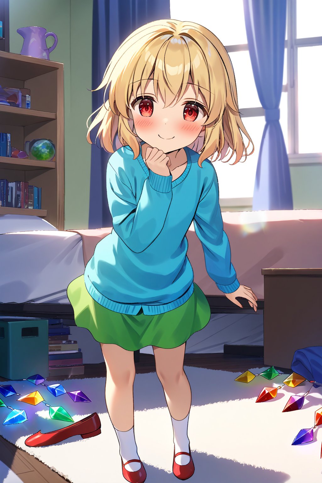 masterpiece, best quality,(1girl), solo,(depth of field),(solo focus),8K,HDR,(ultra high res),(highres),(full body),(lens flare),smiles,blush,(closed mouth),(touhou),(flandre scarlet),(blonde hair),(medium hair),(red eyes),wings, crystal, (laevatein \(touhou\)),(blue cardigan),(open cardigan),(pink shirt),(green skirt),(white socks),(red footwear),(ballet flats),(indoors),(messy room),(shelf),(curtains),(carpet),(bed),(window),(holding phone),