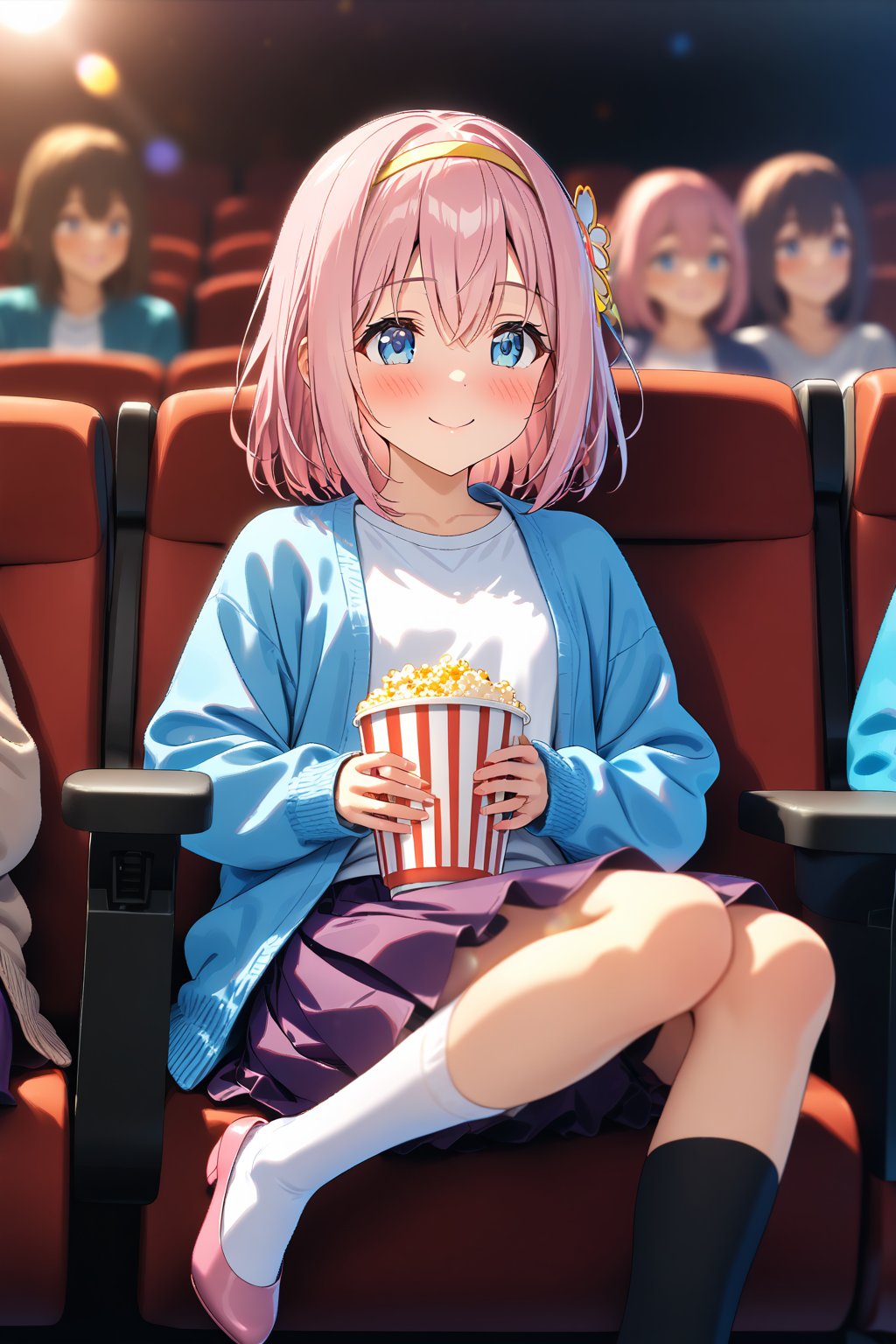 masterpiece, best quality,(1girl), solo,(depth of field),(solo focus),8K,HDR,(ultra high res),(highres),(full body),(lens flare),smiles,blush,(closed mouth),( yuipcrbase),bangs,(pink hair), (blue eyes), (medium hair), (hair between eyes),(yellow hairband),(hair ornament),(blue cardigan),(open cardigan),(white shirt),(collarbine),(purple skirt),(long sleeves),(white socks),(pink footwear),(ballet flats),(sitting),indoors, cinema,(holding food),(popcorn),(disposable cup),(drink),(movie theater),(theater seating),