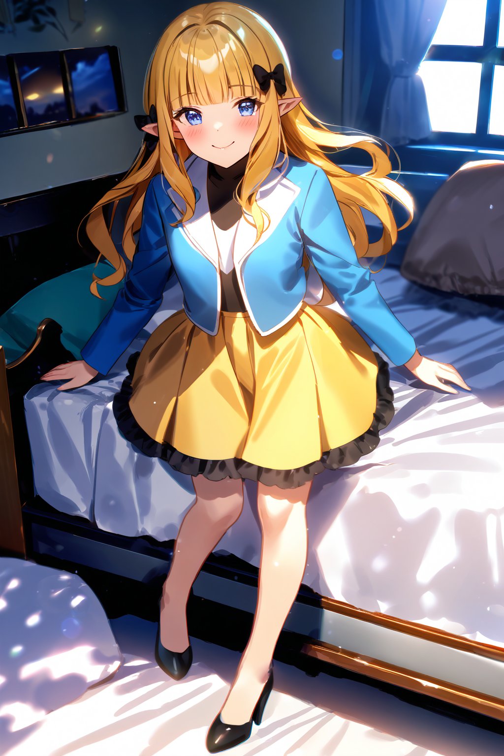 masterpiece, best quality,(1girl), solo,(depth of field),(solo focus),8K,HDR,(ultra high res),(highres),(full body),(lens flare),smiles,blush,(closed mouth),(sarenastrum),(blonde hair), (blue eyes), (long hair), (floating hair),(pointy ears), ((hair bows),(black bows)),(blunt bangs), (medium breasts),(blue jacket),(open jacket),(white shirt),(yellow skirt),(light purple footwear),(high heels),(indoors),(messy room),(messy room),(pillow),(lamp),(bed), (scenery), 