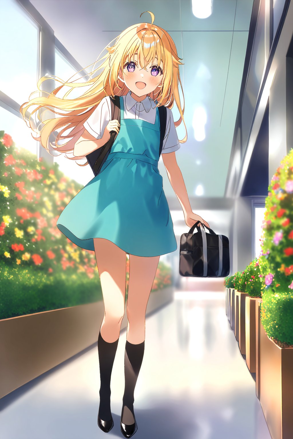 score_9, score_8_up, score_7_up, source_anime,masterpiece, best quality,(1girl), solo,(depth of field),(solo focus),8K,HDR,(ultra high res),(highres),(full body),(lens flare),smiles,blush,ctiank0shi,ahoge (blonde hair),bangs,(long hair),(purple eyes),(malaysian secondary school uniform),(schoollogo),(school's logo on right side (pinafore dress)),(aqua blue skirt),(blue pinafore),(collared shirt),(white shirt),(short sleeves),(black socks),(black footwear),(ballet flats),(holding school bag),(indoors),(shopping mall),bench, (flower pot),bush, flag, (tree pot), scenery, (glass handrail), reflection, (decorate ceiling),(ceiling lighting),stainless