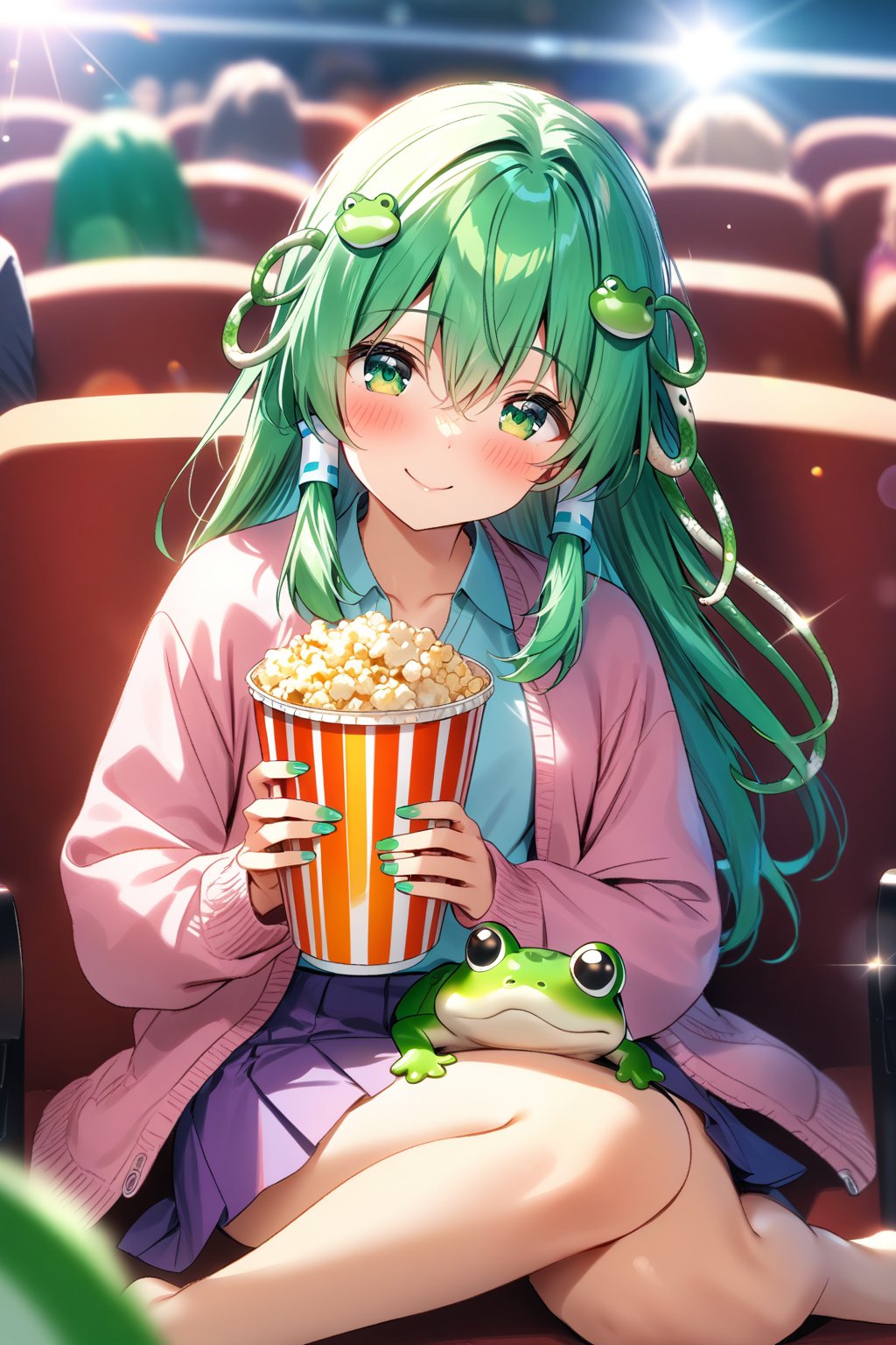 masterpiece, best quality,(1girl), solo,(depth of field),(solo focus),8K,HDR,(ultra high res),(highres),(full body),(lens flare),smiles,blush,(closed mouth),(kochiya sanae), bangs, (long hair),(green hair),(green eyes),(hair between eyes),(frog hair ornament),(snake hair ornament),(hair tubes),(aqua cardigan),(open cardigan),(pink shirt),(purple skirt),(barefoot),(toenail polish),(green nails),(sitting),indoors, cinema,(holding food),(popcorn),(disposable cup),(drink),(movie theater),(theater seating),