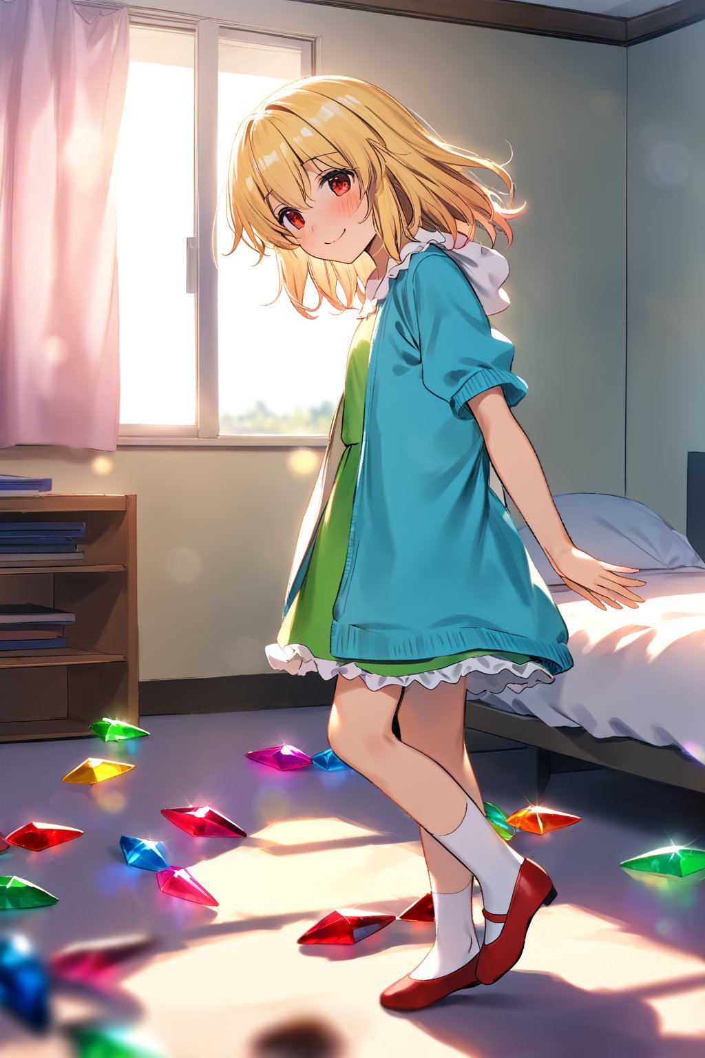 masterpiece, best quality,(1girl), solo,(depth of field),(solo focus),8K,HDR,(ultra high res),(highres),(full body),(lens flare),smiles,blush,(closed mouth),(touhou),(flandre scarlet),(blonde hair),(medium hair),(red eyes),wings, crystal, (laevatein \(touhou\)),(blue cardigan),(open cardigan),(pink shirt),(green skirt),(white socks),(red footwear),(ballet flats),(indoors),(messy room),(shelf),(curtains),(carpet),(bed),(window),(holding phone),