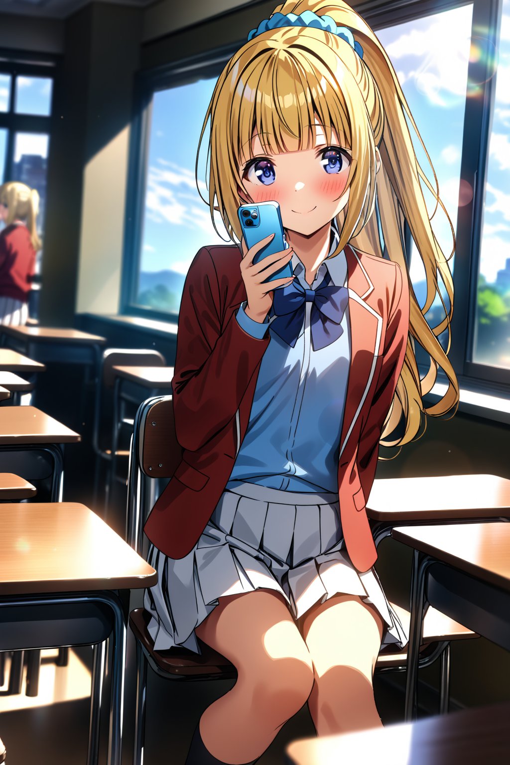 masterpiece, best quality,(1girl), solo,(depth of field),(solo focus),8K,HDR,(ultra high res),(highres),(full body),(lens flare),smiles,blush,(kei karuizawa),(blunt bangs),(blonde hair),(long hair),(ponytail),(blue eyes),(blue scrunchie),(hair scrunchie),(hair ornament),(advanced nurturing high school uniform),(red jacket),(open jacket),(blue shirt),(collared shirt),(blue bowtie),(white skirt),(pleated skirt),(black socks),(white footwear),(uwabaki),sitting,indoors,classroom,(holding phone),(smartphone),(table),(on chair),(curtain),(window), 