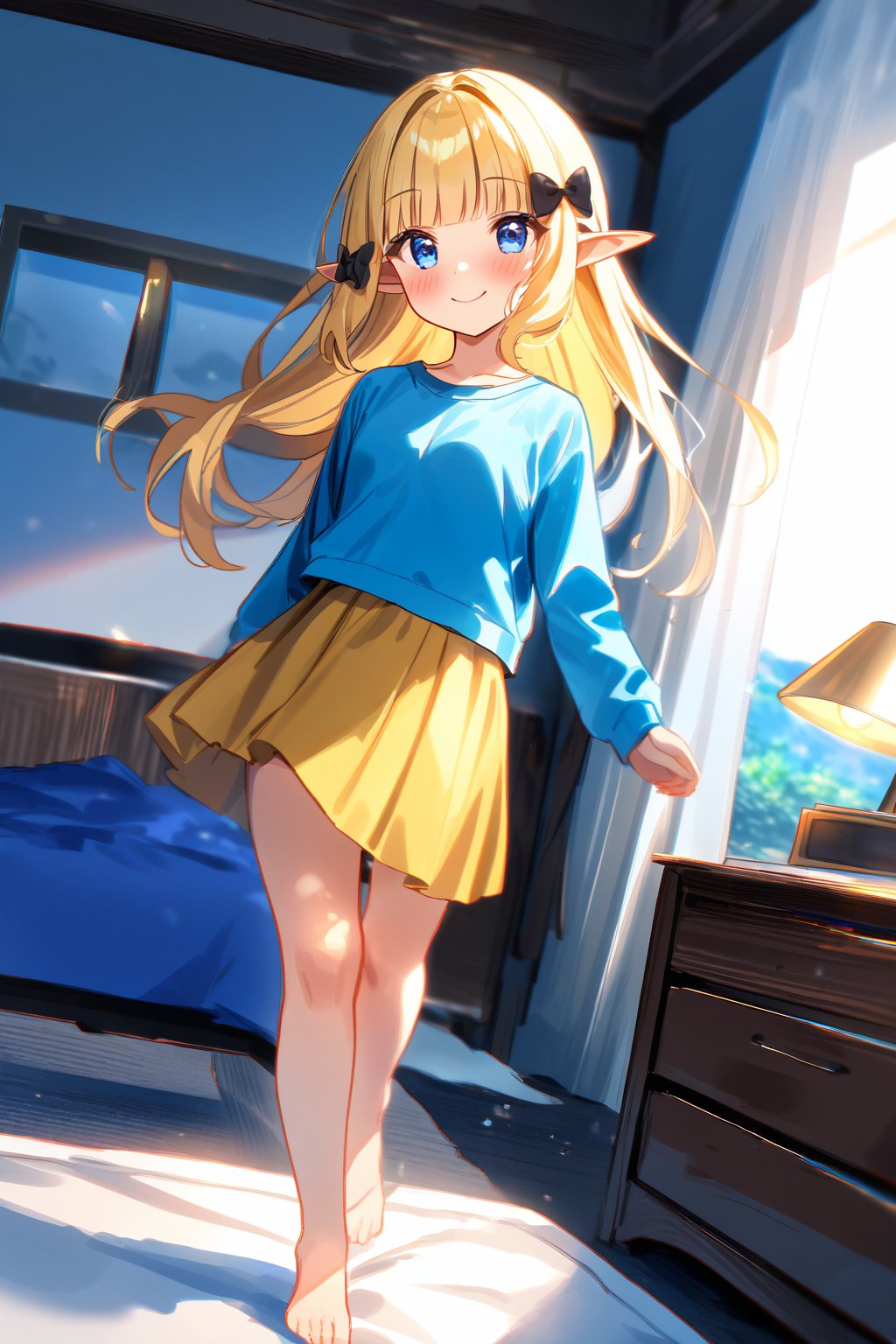 masterpiece, best quality,(1girl), solo,(depth of field),(solo focus),8K,HDR,(ultra high res),(highres),(full body),(lens flare),smiles,blush,(closed mouth),(sarenastrum),(blonde hair), (blue eyes), (long hair), (floating hair),(pointy ears), ((hair bows),(black bows)),(blunt bangs), (medium breasts),(blue jacket),(open jacket),(white shirt),(yellow skirt),(barefoot),(toenail polish),(indoors),(messy room),(messy room),(pillow),(lamp),(bed), (scenery), 