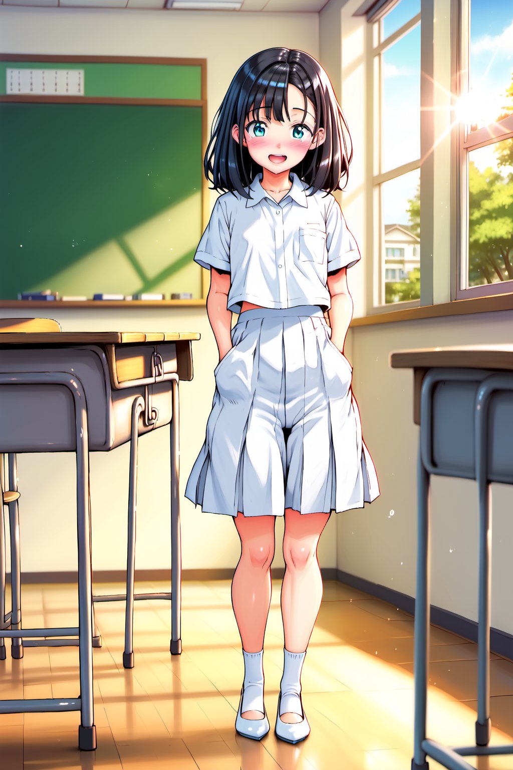 masterpiece, best quality,(1girl), solo,(depth of field),(solo focus),8K,HDR,(ultra high res),(highres),(full body),(perfect lighting),(lens flare),smiles,blush,(black hair), (medium hair),(aqua eyes), sidelocks,(collared shirt),((double pocket) of (white shirt)),(white buttons),(white skirt),(short sleeves),(white socks),(white footwear),(flats),(indoors),(classroom),(standing),(kyoushitsu),(school chair), (school desk), (whiteboard),(window),(ceiling light),curtains,tree,(air conditioners),