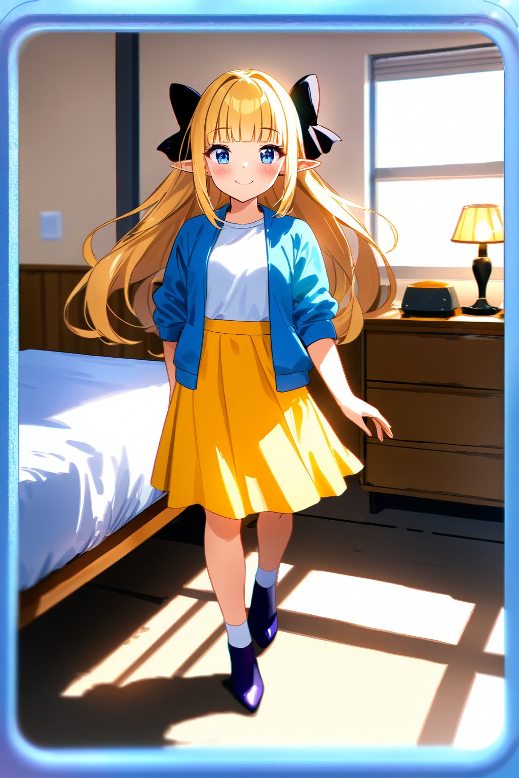 masterpiece, best quality,(1girl), solo,(depth of field),(solo focus),8K,HDR,(ultra high res),(highres),(full body),(lens flare),smiles,blush,(closed mouth),(sarenastrum),(blonde hair), (blue eyes), (long hair), (floating hair),(pointy ears), ((hair bows),(black bows)),(blunt bangs), (medium breasts),(blue jacket),(open jacket),(white shirt),(yellow skirt),(white socks),(light purple footwear),(high heels),(indoors),(messy room),(shinshitsu),(pillow),(lamp),(bed), (scenery), 