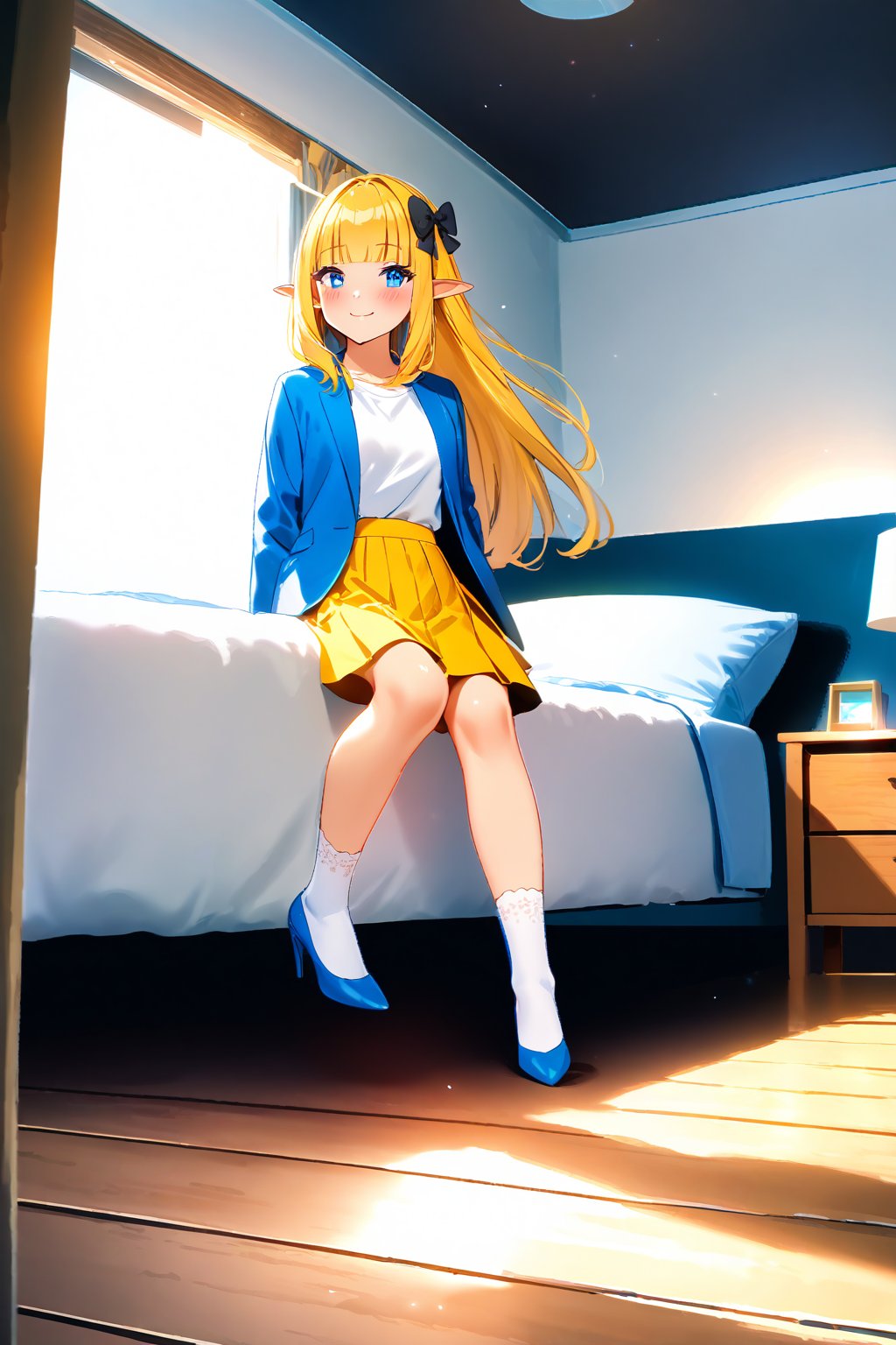 masterpiece, best quality,(1girl), solo,(depth of field),(solo focus),8K,HDR,(ultra high res),(highres),(full body),(lens flare),smiles,blush,(closed mouth),(sarenastrum),(blonde hair), (blue eyes), (long hair), (floating hair),(pointy ears), ((hair bows),(black bows)),(blunt bangs), (medium breasts),(blue jacket),(open jacket),(white shirt),(yellow skirt),(white socks),(light purple footwear),(high heels),(indoors),(messy room),(shinshitsu),(pillow),(lamp),(bed), (scenery), 