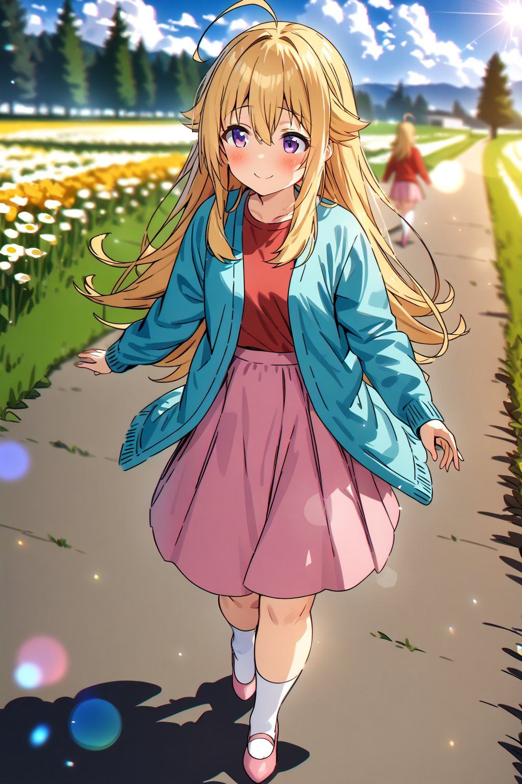 masterpiece, best quality,(1girl), solo,(depth of field),(solo focus),8K,HDR,(ultra high res),(highres),(full body),(lens flare),smiles,blush,(torako koshi),bangs,ahoge,(blonde hair),bangs,(long hair),(purple eyes),(hair between eyes),(sidelocks),(aqua cardigan),(open cardigan),(red shirt),(pink skirt),(white socks),(pink footwear),(ballet flats),walking,field,tree,flower,cloud, 