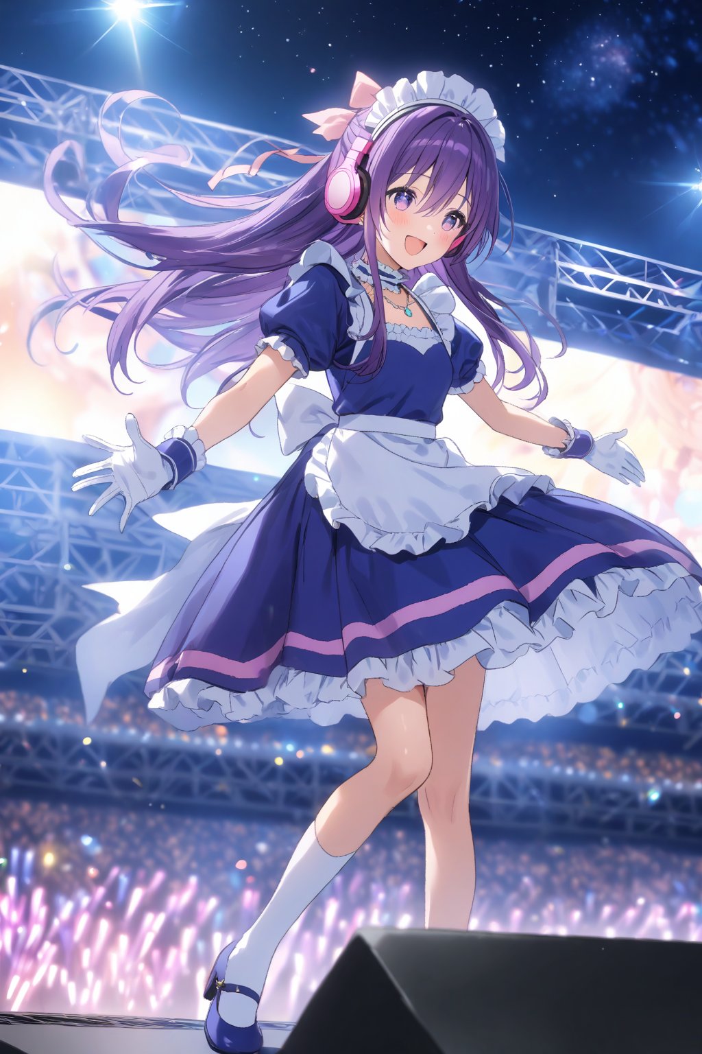 masterpiece, best quality,(1girl), solo,(depth of field),(solo focus),8K,HDR,(ultra high res),(highres),(full body),(lens flare),smiles,blush,(tooka yatogami),(hair between eyes),(white bows),(hair bows),(hair ribbon), earrings, (purple eyes), (purple hair),(floating hair),(very long hair),bangs, sidelocks,(maid headress),(idol clothes),(white bowtie),(blue dress),(frilled choker),(pink ribbon),(puffy short sleeves),(wrist cuffs)(white apron),(white gloves),(necklace),(white sock), (blue footwear),(mary janes),(pink headphones),(outdoors),(holding microphone),music, singing,(stage),(stage lights),(star (sky)),sparkle,(scaffolding),(standing),audience,glowstick,(outstretched arm),(feet out of frame),(leg up),