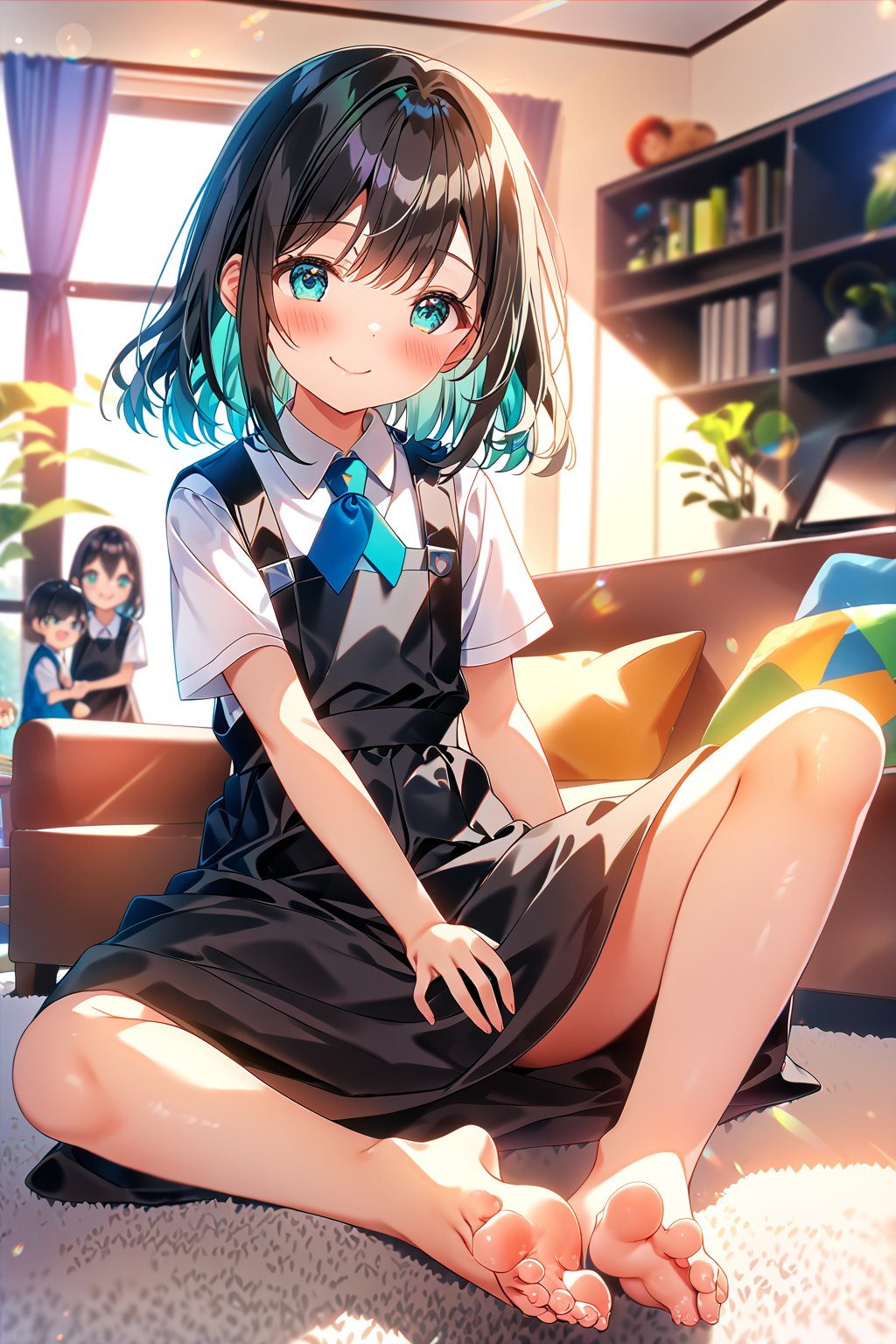 score_9, score_8_up, score_7_up,source_anime, masterpiece, best quality,(1girl), solo,(depth of field),(solo focus),8K,HDR,(ultra high res),(highres),(full body),(lens flare),smiles,blush,(closed mouth),(black hair), (medium hair),(aqua eyes),(floating hair), sidelocks,(malaysian secondary school uniform),(schoollogo),(school's logo on right side (pinafore dress)),(black skirt),(black pinafore),(collared shirt),(white shirt),(short sleeves),(barefoot),(toenail),(feetsandwich),(no shoes),(sitting),(loli),(child),(indoors),(living room),shelf,curtain,carpet,windows,couch,