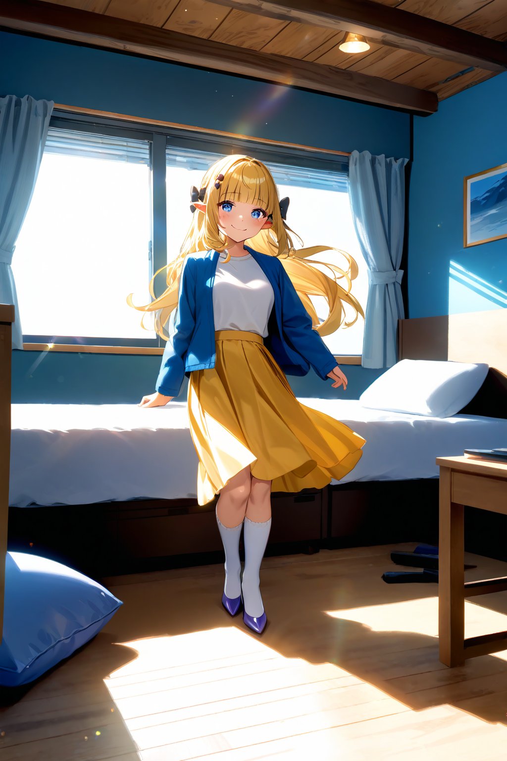 masterpiece, best quality,(1girl), solo,(depth of field),(solo focus),8K,HDR,(ultra high res),(highres),(full body),(lens flare),smiles,blush,(closed mouth),(sarenastrum),(blonde hair), (blue eyes), (long hair), (floating hair),(pointy ears), ((hair bows),(black bows)),(blunt bangs), (medium breasts),(blue jacket),(open jacket),(white shirt),(yellow skirt),(white socks),(light purple footwear),(high heels),(indoors),(messy room),(shinshitsu),(pillow),(lamp),(bed), (scenery), 