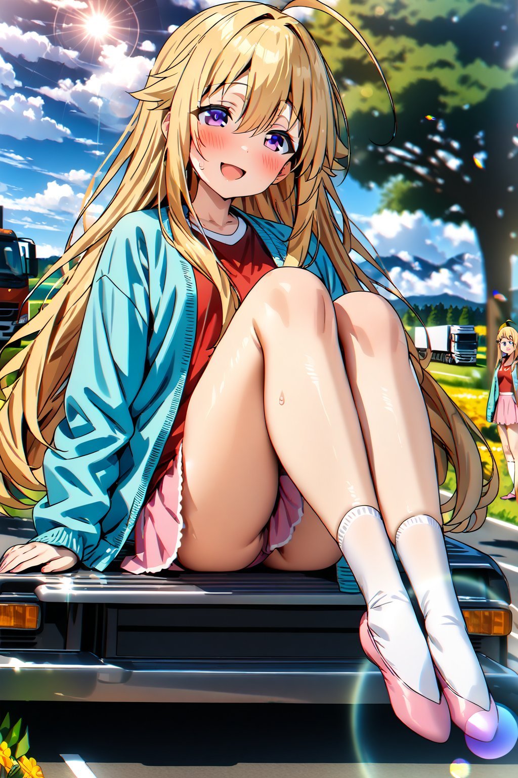 masterpiece, best quality,(1girl), solo,(depth of field),(solo focus),8K,HDR,(ultra high res),(highres),(full body),(lens flare),smiles,blush,(torako koshi),bangs,ahoge,(blonde hair),bangs,(long hair),(purple eyes),(hair between eyes),(sidelocks),(aqua cardigan),(open cardigan),(red shirt),(pink skirt),(white socks),(pink footwear),(ballet flats),(sitting on car truck),field,tree,flower,cloud, 