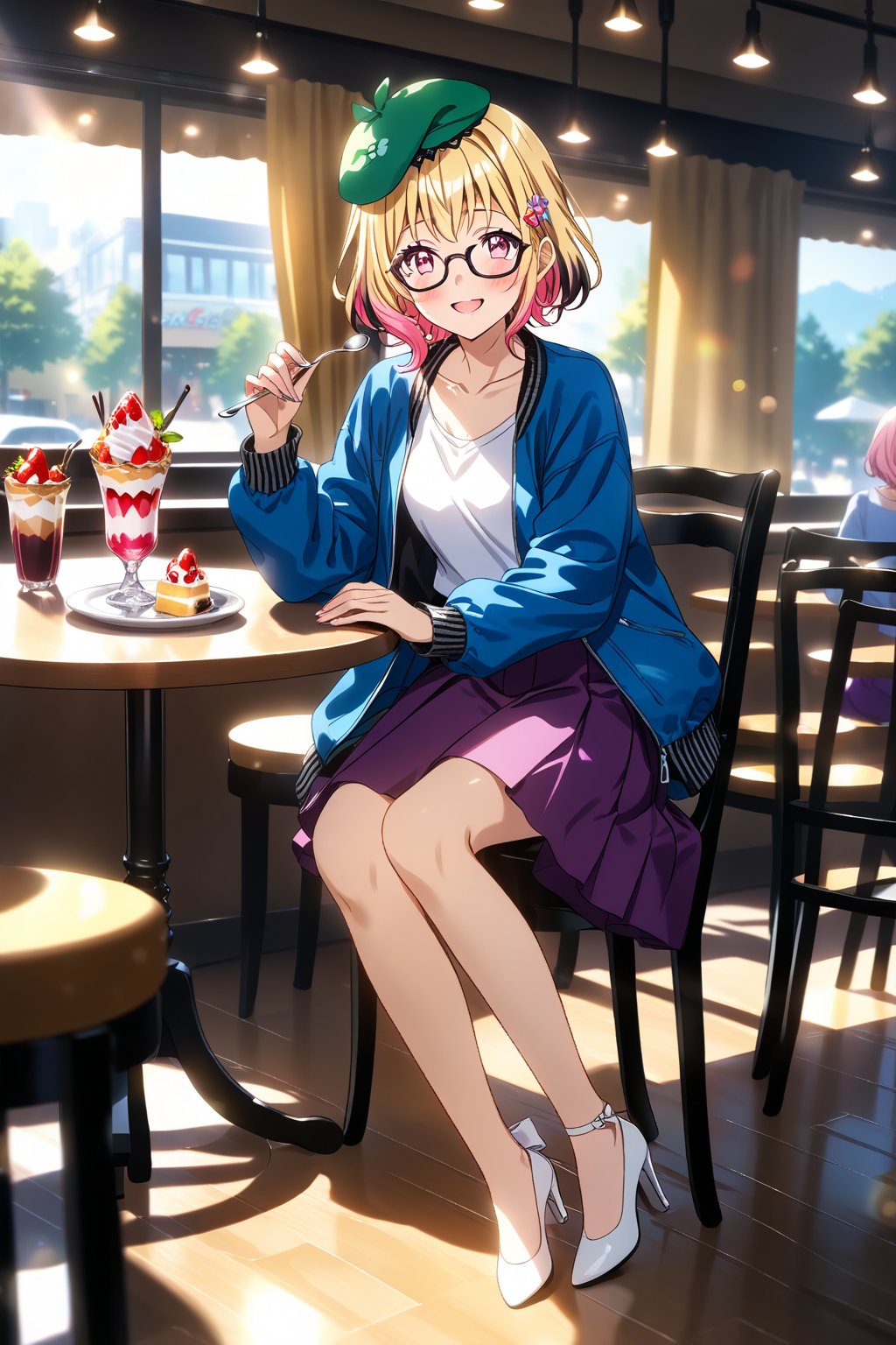 source_anime,masterpiece, best quality,(1girl), solo,(depth of field),(solo focus),8K,HDR,(ultra high res),(highres),(full body),(perfect lighting),(lens flare),smiles,blush,(em1lie),((blonde hair),(pink hair)(multicolored hair)),(two-tone hair),(pink eyes),(green hat),(hair ornament),(black-framed eyewear),(blue jacket),(open jacket),(white shirt),(collarbone),(purple skirt),(white footwear),(high heels),(cafe),indoors,(table),(food on table),(holding spoon),(strawberry parfait),(drink),(modern cafe),(led lights),curtains,(sitting on chair)