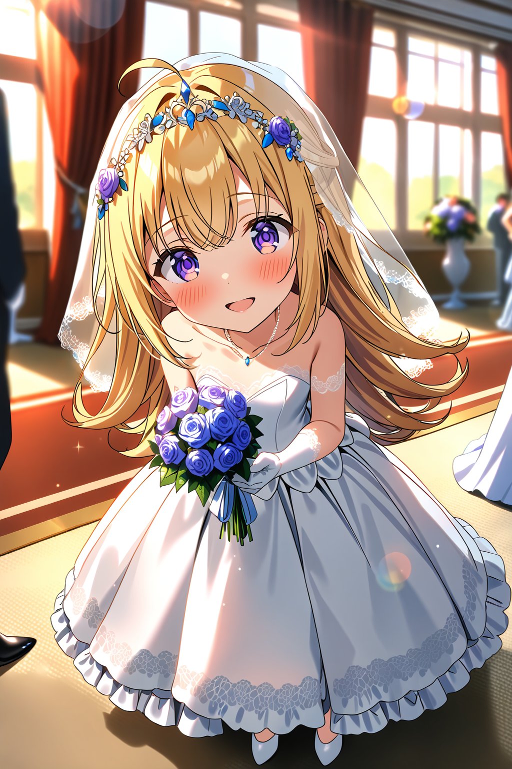 masterpiece, best quality,(1girl), solo,(depth of field),(solo focus),8K,HDR,(ultra high res),(highres),(full body),(lens flare),smiles,blush,ctiank0shi,ahoge (blonde hair),bangs,(long hair),(purple eyes),(collarbone),(hair ornament),(wedding dress), (white dress),(puffy short sleeves),(frilled dress),(white shirt),(skirt), ((white gloves),(lace-trimmed gloves)),(elbow gloves), necklace,jewelry,(white legwear),(white footwear),(high heels), indoors,standing,room, window, curtains, carpet,veil,(holding bouquet),
