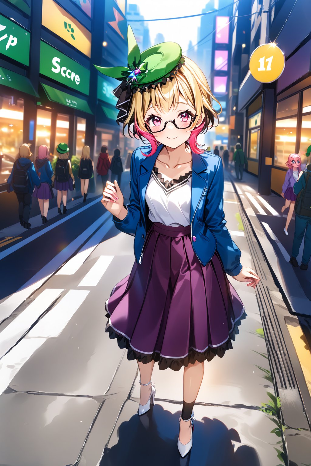 score_9, score_8_up, score_7_up, score_6_up, source_anime,masterpiece, best quality,(1girl), solo,(depth of field),(solo focus),8K,HDR,(ultra high res),(highres),(full body),(lens flare),smiles,blush,(closed mouth),(em1lie),((blonde hair),(pink hair)(multicolored hair)),(two-tone hair),(pink eyes),(green hat),(hair ornament),(black-framed eyewear),(blue jacket),(open jacket),(white shirt),(collarbone),(purple skirt),(black socks),(white footwear),(high heels),(standing),(outdoors), cityscape,traffic,(human road),street,tower,