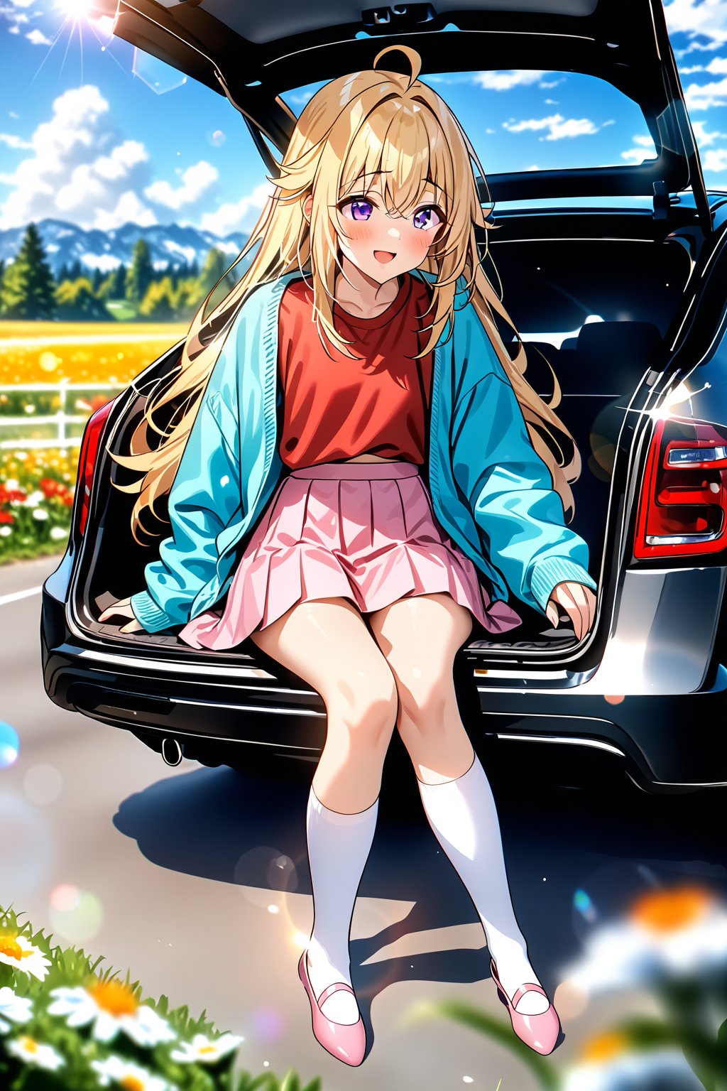 masterpiece, best quality,(1girl), solo,(depth of field),(solo focus),8K,HDR,(ultra high res),(highres),(full body),(lens flare),smiles,blush,(ctiank0shi),ahoge (blonde hair),bangs,(long hair),(purple eyes),(aqua cardigan),(red shirt),(pink skirt),(white socks),(pink footwear),(ballet flats),car,(sitting in car trunk),field,tree,flower,cloud,