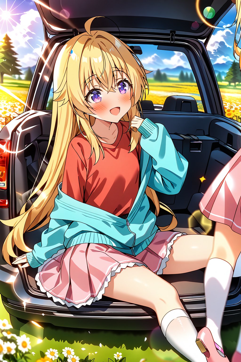 score_9, score_8_up, score_7_up, source_anime,masterpiece, best quality,(1girl), solo,(depth of field),(solo focus),8K,HDR,(ultra high res),(highres),(full body),(lens flare),smiles,blush,(ctiank0shi),ahoge (blonde hair),bangs,(long hair),(purple eyes),(aqua cardigan),(red shirt),(pink skirt),(white socks),(pink footwear),(ballet flats),(sitting in car trunk),field,tree,flower,cloud,