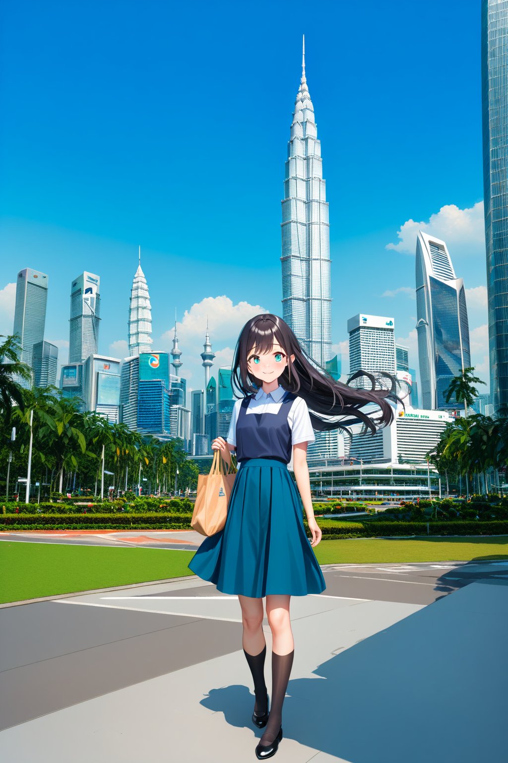 masterpiece, best quality,(1girl), solo,(depth of field),(solo focus),8K,HDR,(ultra high res),(highres),(full body),(lens flare),smiles,blush,(closed mouth),(black hair), (long hair),(aqua eyes),(floating hair), sidelocks,(malaysian secondary school uniform),(schoollogo),(school's logo on right side (pinafore dress)),(aqua blue skirt),(blue pinafore),(collared shirt),(white shirt),(short sleeves),(black socks),(black footwear),(ballet flats),(standing),(outdoors),(cityspace),(holding bag),(lamppost),urban,(petronas twin tower),(Longhouse) ,(national airport tower),KLCC,(Kuala Lumpur countryside),(Kuala Lumper Tower),Malaysia,(blue sky),