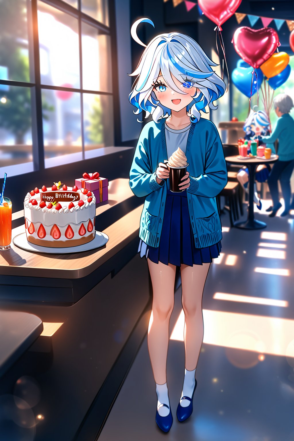 masterpiece, best quality,(1girl), solo,(depth of field),(solo focus),8K,HDR,(ultra high res),(highres),(full body),(lens flare),smiles,blush,(furina \(genshin impact\)), ((light blue hair), (white hair),(multicolored hair), (streaked hair)),(blue eyes),(short hair),(ahoge),(hair between eyes),cowlick,(aqua cardigan),(open cardigan),(white shirt),(blue skirt),(white socks),(blue footwear),(ballet flats),(indoors),(cafe),(birthday),(birthday party),(heart balloon),((birthday cake) on table),(string of flags),((gift box),(holding gift)),(happy birthday),((food) on table,fruit,(drink)),(ice cream cup),standing,