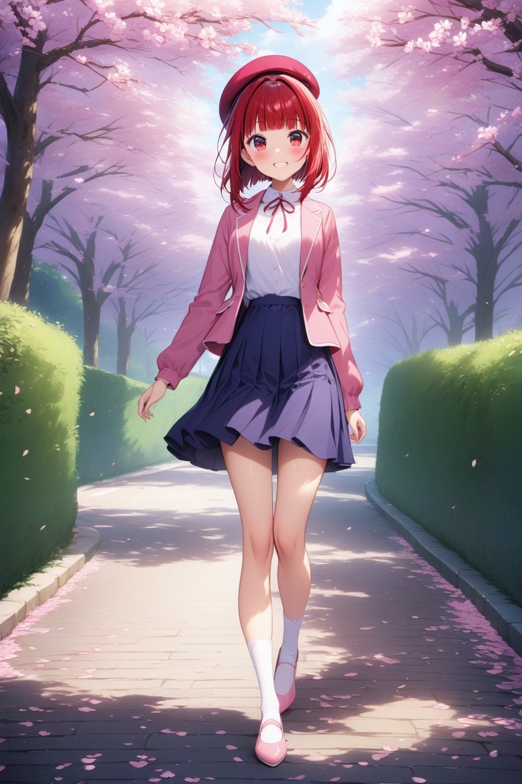 masterpiece, best quality,(1girl), solo,(depth of field),(sharp focus),8K,HDR,(ultra high res),(highres),(full body)smiles,blush,(Kana-XL),(medium hair), (red eyes), (red hair), (blunt bangs),(violet beret),((pink jacket),(open jacket)),(purple shirt),(blue skirt),(long sleeves),(white socks),(pink footwear),(flats), haruhizaka, kitakoumae, scenery, tree, scenery, outdoors,road,(cherry blossoms), street, walking,