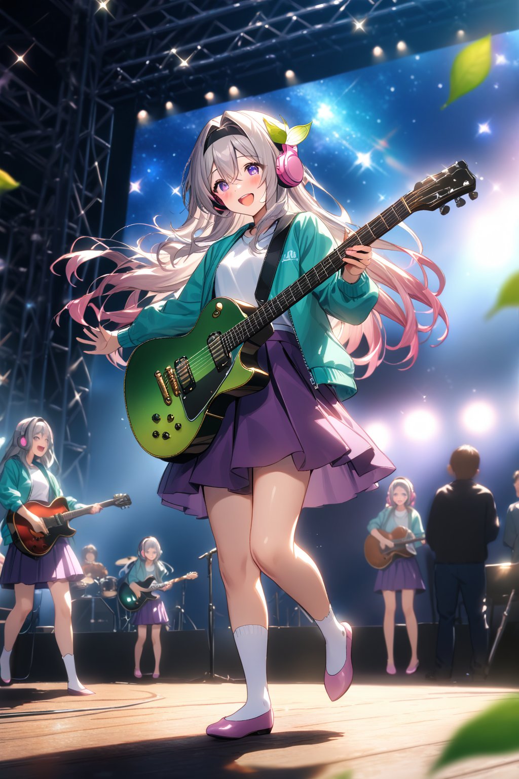 masterpiece, best quality,(1girl), solo,(depth of field),(solo focus),8K,HDR,(ultra high res),(highres),(full body),(lens flare),smiles,blush,Firefly,(parted bangs),(purple eyes),(grey hair),(gradient hair),(hair intakes),(long hair),(black hairband),(leaf hair ornament),(black ribbon),(hair between eyes),(aqua jacket),(white shirt),(purple skirt),(white socks),(pink footwear),(flats),(pink headphones),(outdoors),(holding guitar),(electric guitar),music, singing,(stage),(stage lights),(star (sky)),sparkle,(scaffolding),(standing),audience,glowstick,(outstretched arm),(feet out of frame),(leg up)