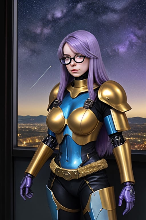 female crystal cyborg. leather silvery blue armour. long flowing purple hair. green glasses. stands by a window. the milky...