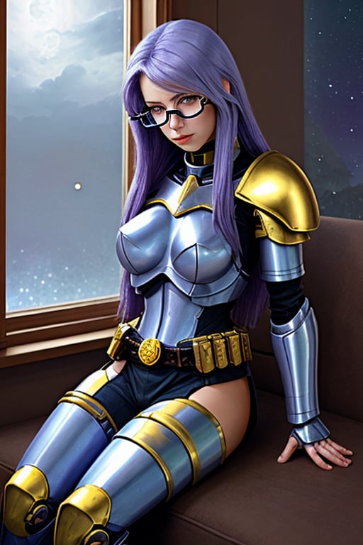 female crystal cyborg. leather silvery blue armour. long flowing purple hair. green glasses. seated by a window. the milky...