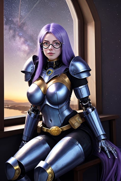 female crystal cyborg. leather silvery blue armour. long flowing purple hair. green glasses. seated by a window. the milky...
