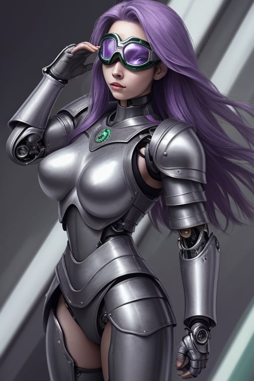 female crystal cyborg. leather armour. long flowing purple hair. green goggles. by XenWydic on Tensor.Art